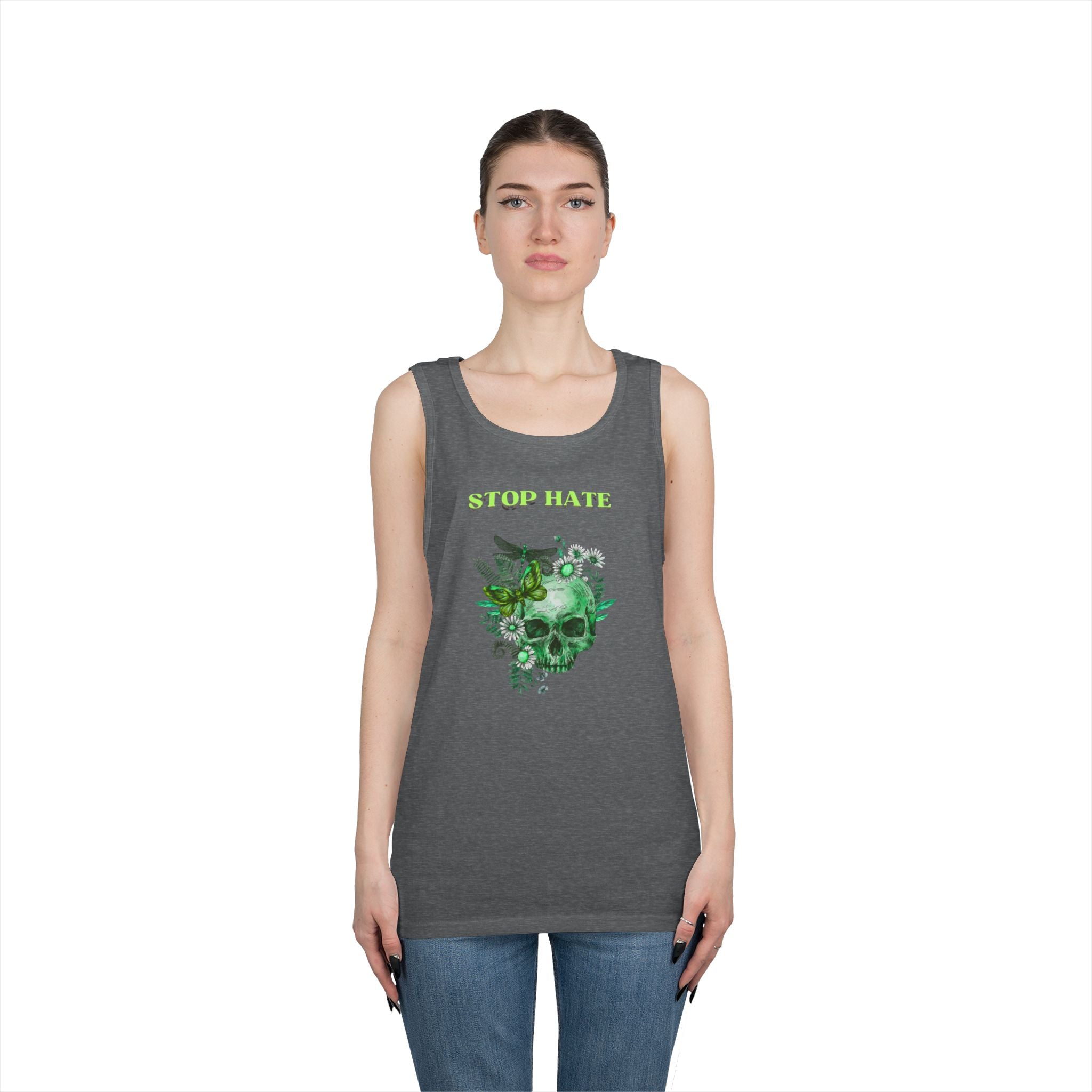 Stop Hate Skull Tank — Green Floral Skull Tank Top