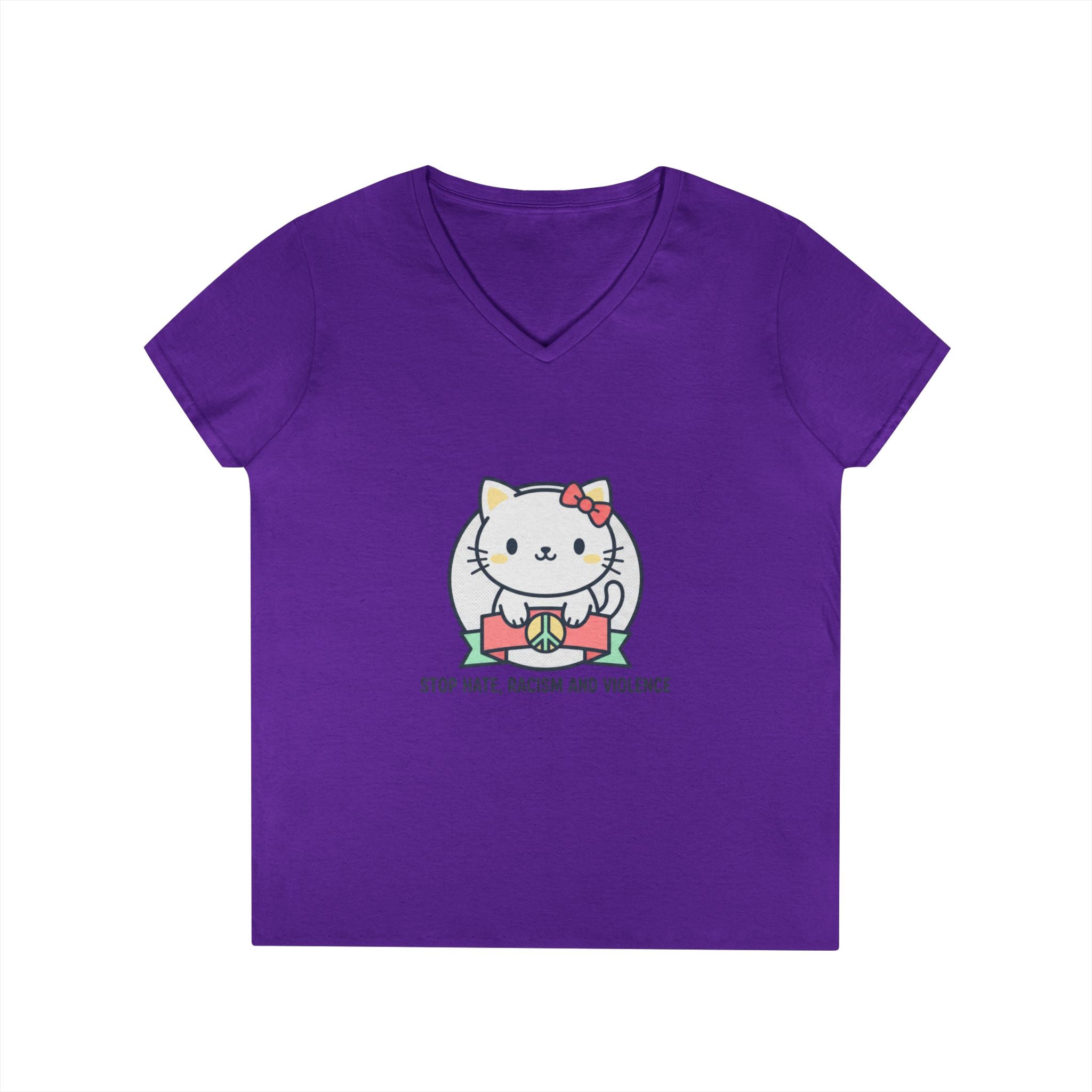 Stop Hate Kitty V-Neck Tee — Cute Anti-Racism Message Shirt