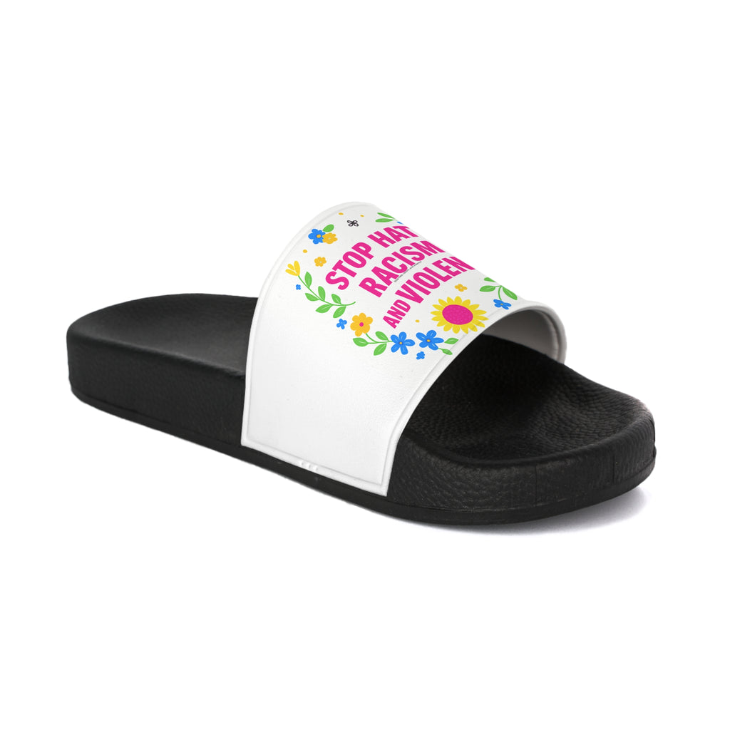 Slide Sandals — "Stop Hate, Racism, and Violence" Floral Anti-Racism Pool Slides