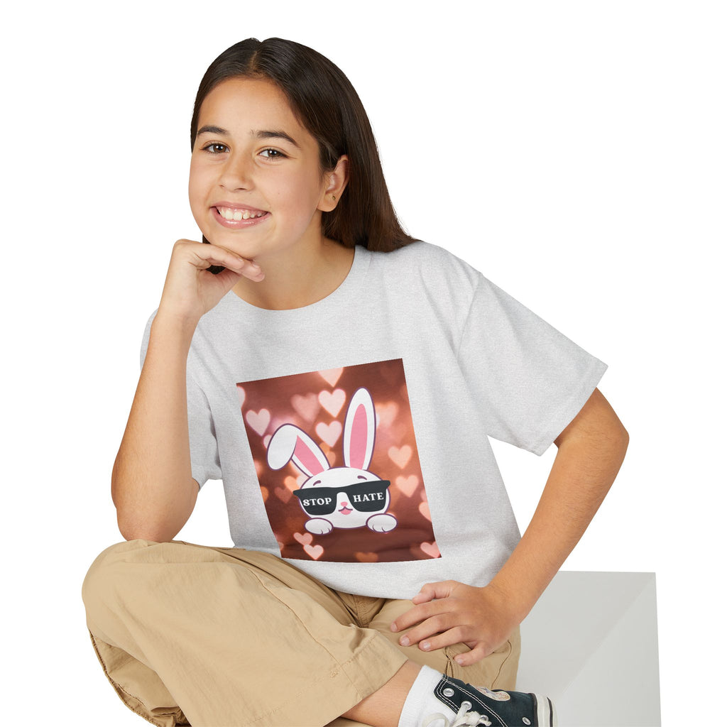 Youth T-Shirt — Cute Bunny with 'Stop the Hate' Sunglasses | Kids Anti-Bullying Tee