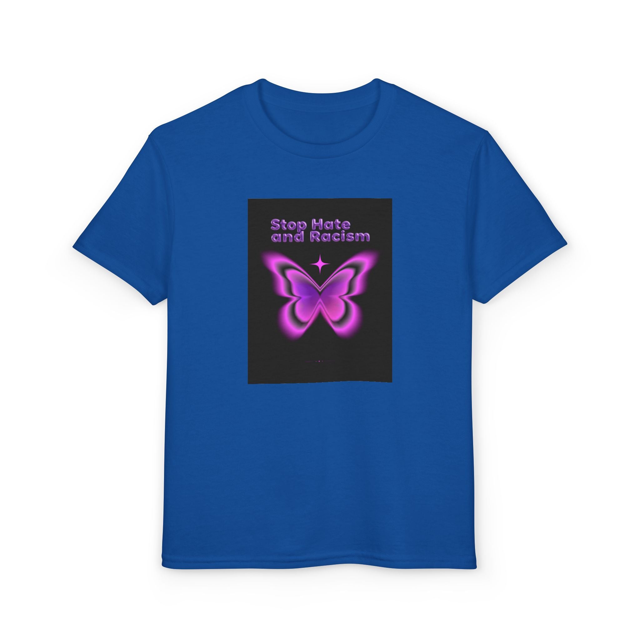Youth T-Shirt — "Stop Hate and Racism" Pink Butterfly Anti-Racism Tee