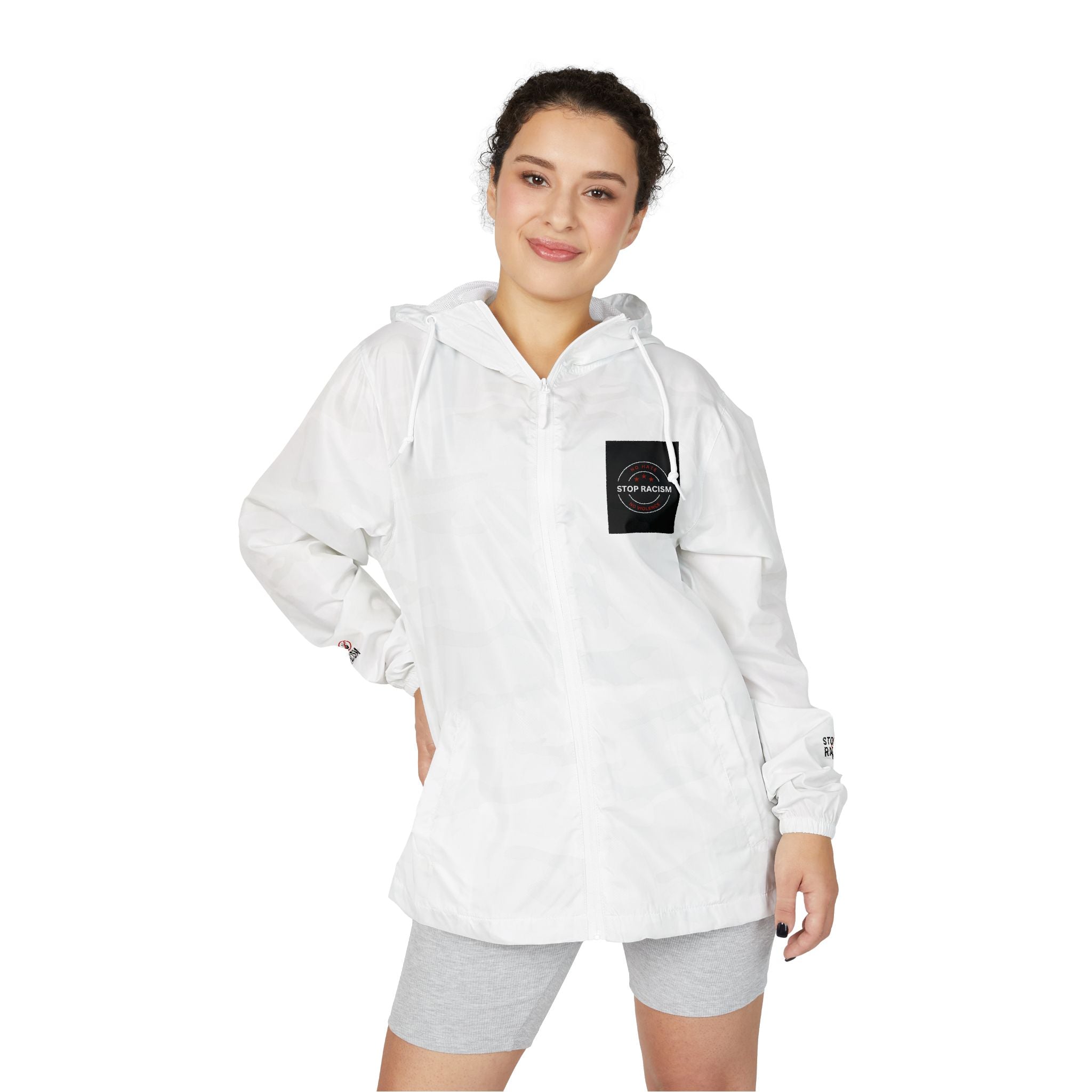 Windbreaker Jacket — Minimal White Camo Hooded Windbreaker with Small Chest Patch & Sleeve Logos