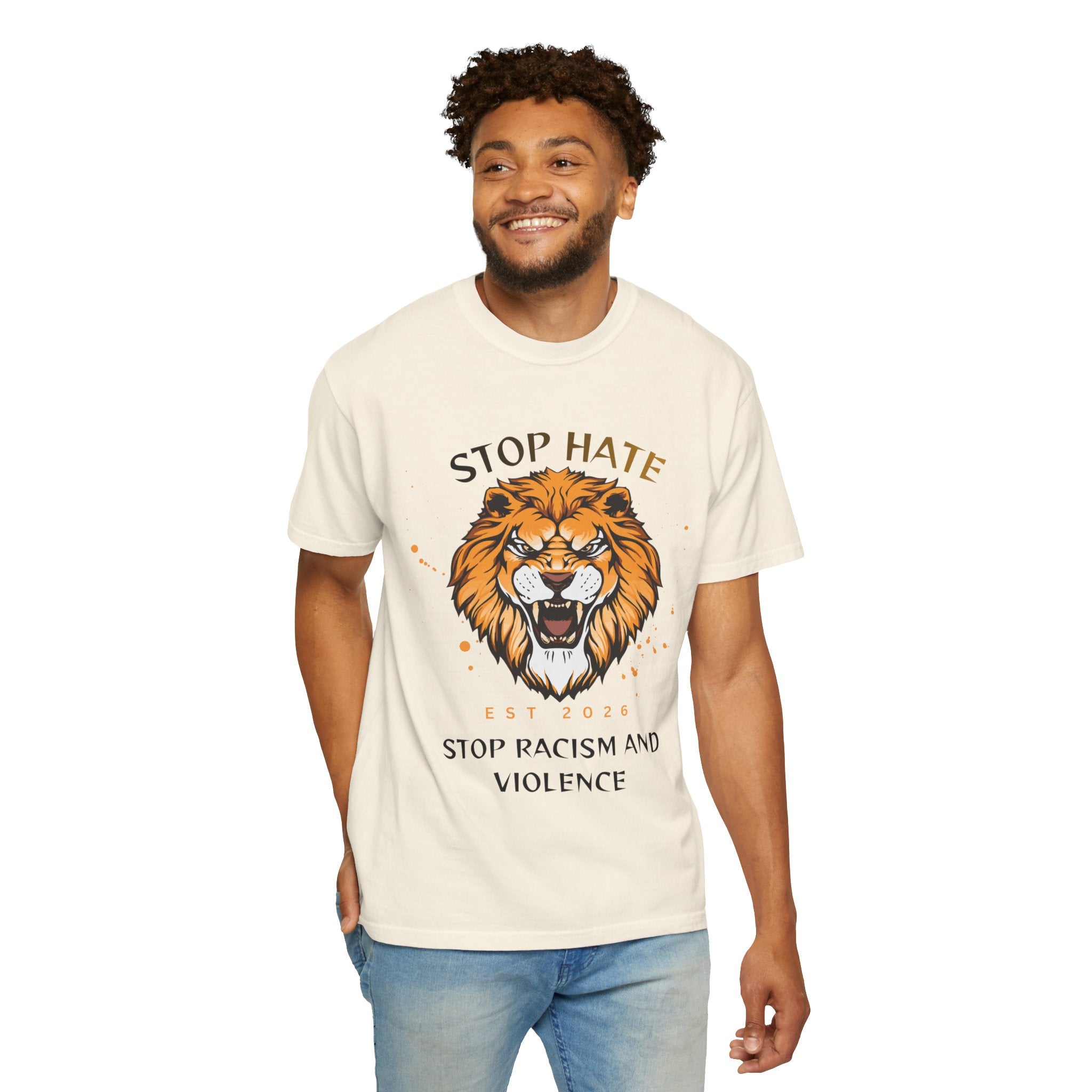 Stop Hate Lion T-Shirt — "Stop Racism and Violence" Statement Tee