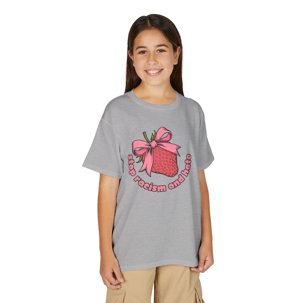Youth T-Shirt — Cute Pink Gift Box Graphic with "Stop, Realism and Races" Slogan
