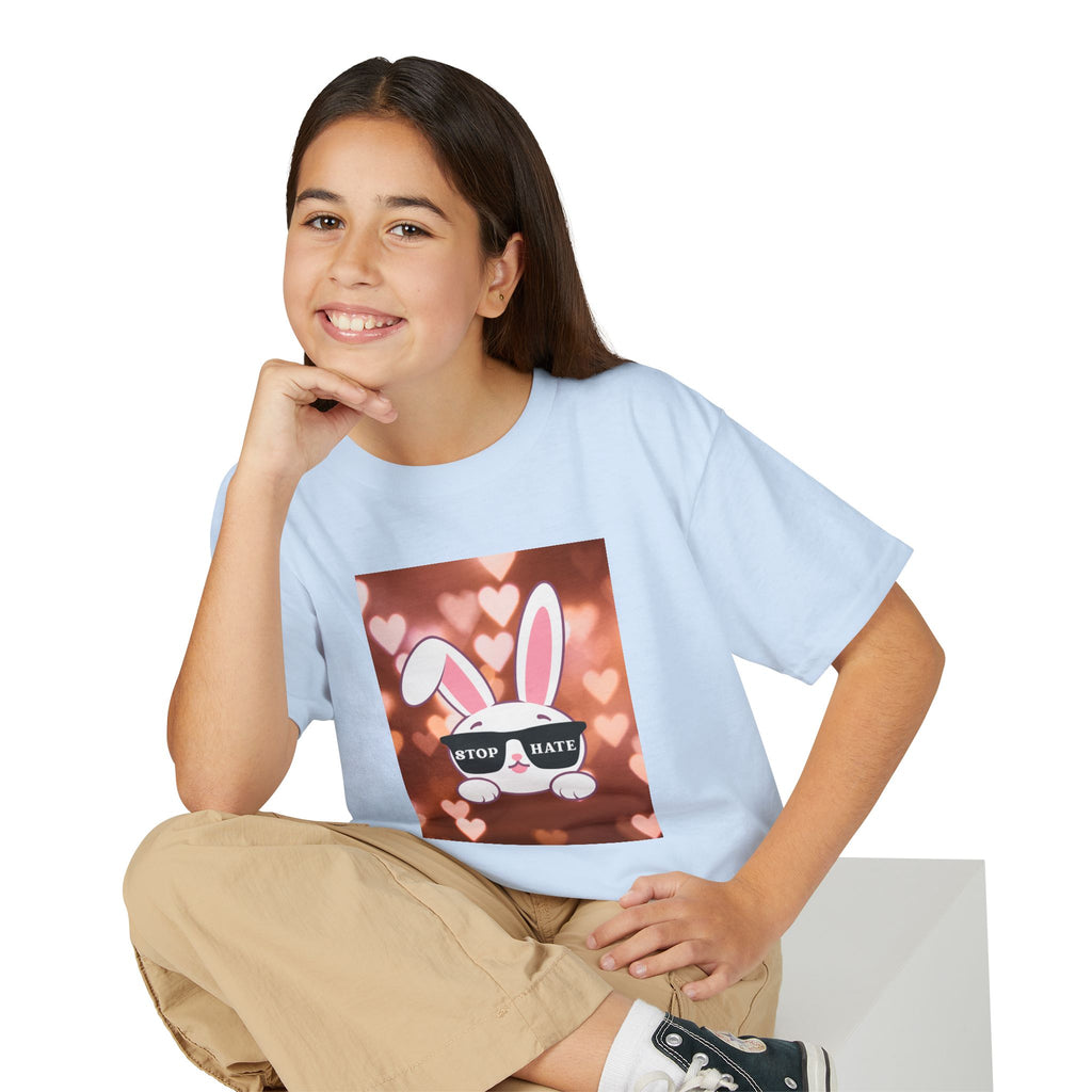 Youth T-Shirt — Cute Bunny with 'Stop the Hate' Sunglasses | Kids Anti-Bullying Tee
