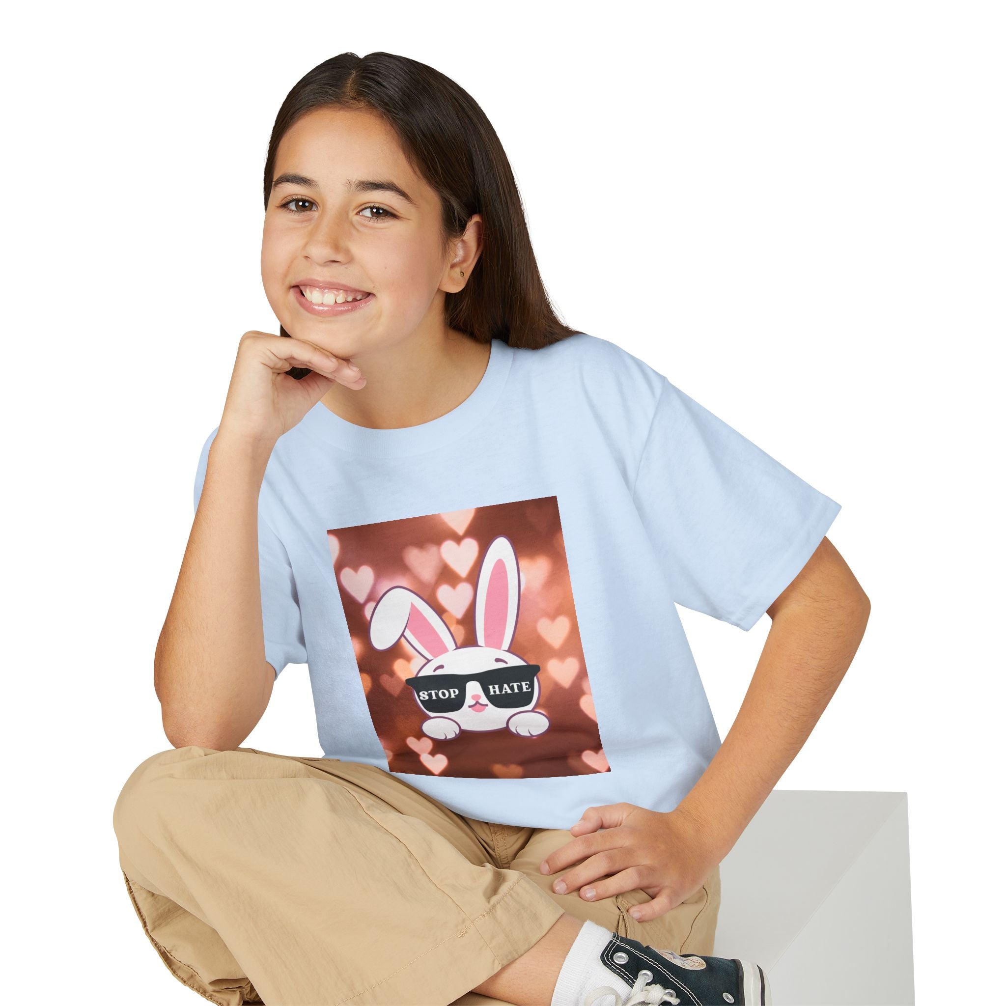 Youth T-Shirt — Cute Bunny with 'Stop the Hate' Sunglasses | Kids Anti-Bullying Tee