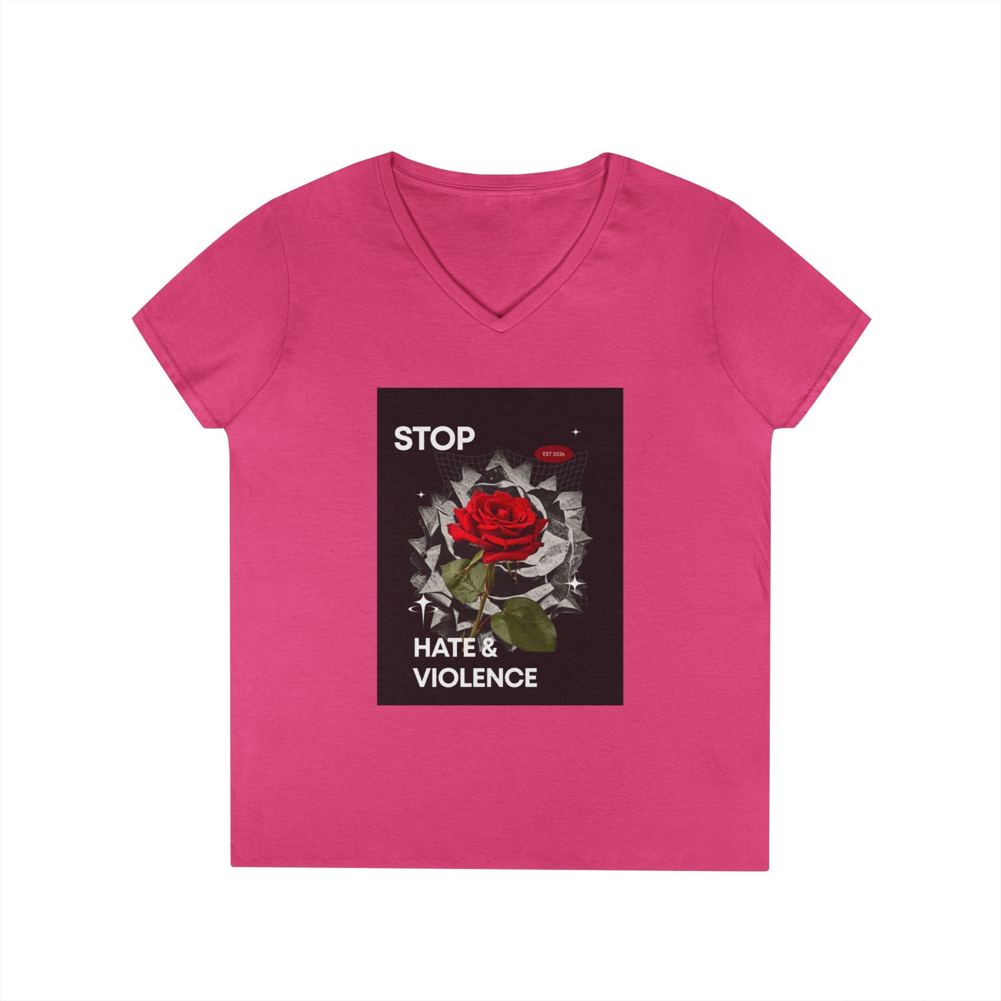 Stop Hate & Violence Women's V-Neck T-Shirt — Red Rose Peace Graphic Tee