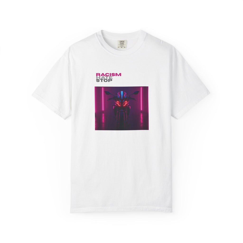 Anti-Racism Graphic T-Shirt — “Racism Stop” Neon Robot Design