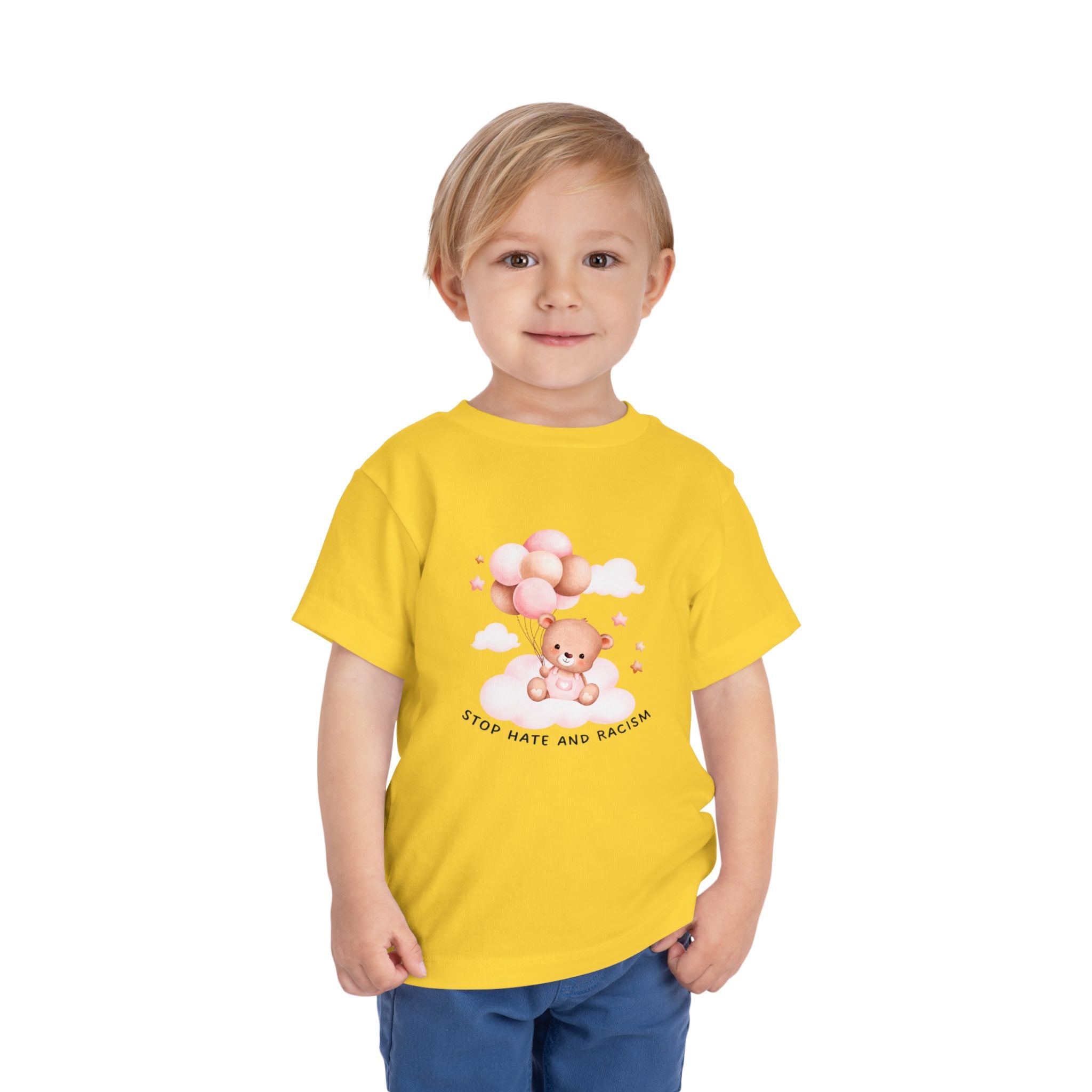 Toddler Tee — Cute Teddy with Balloons “Stop Hate and Racism”