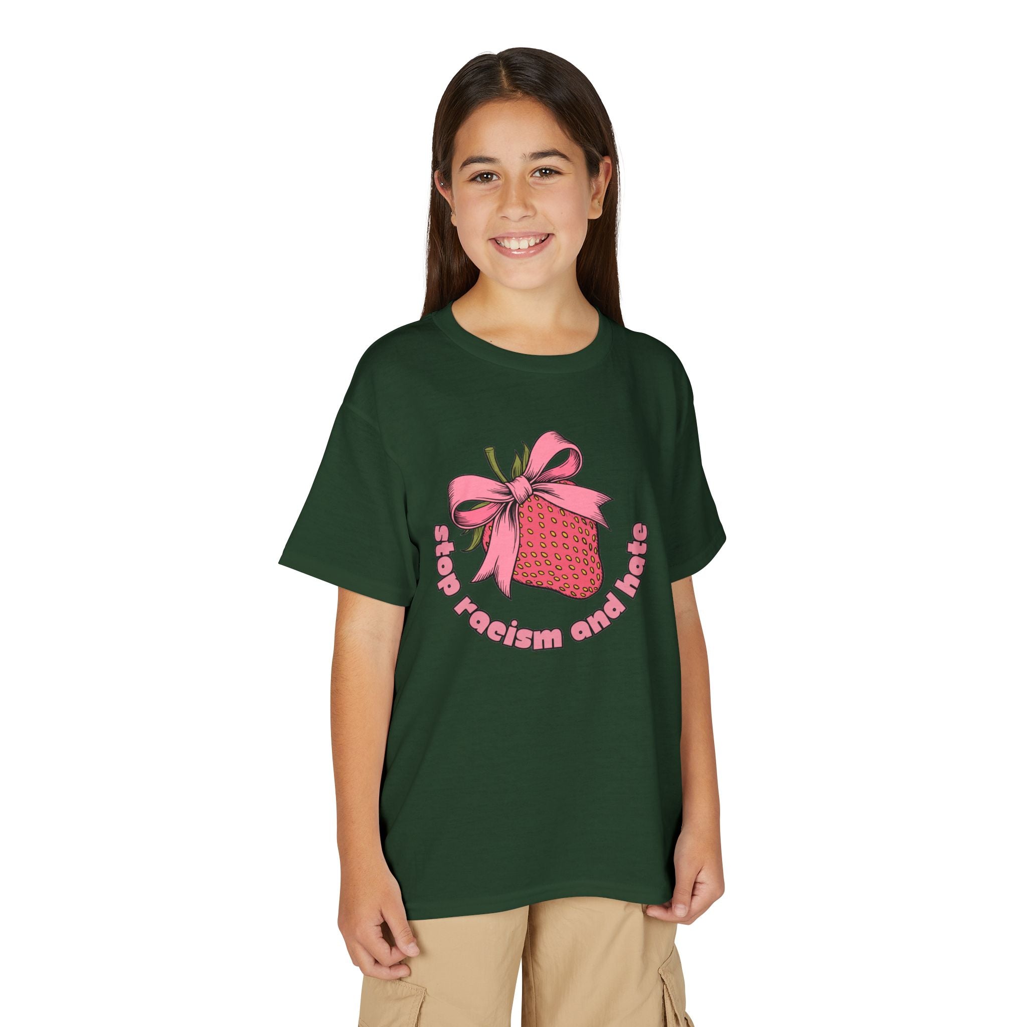 Youth T-Shirt — Cute Pink Gift Box Graphic with "Stop, Realism and Races" Slogan
