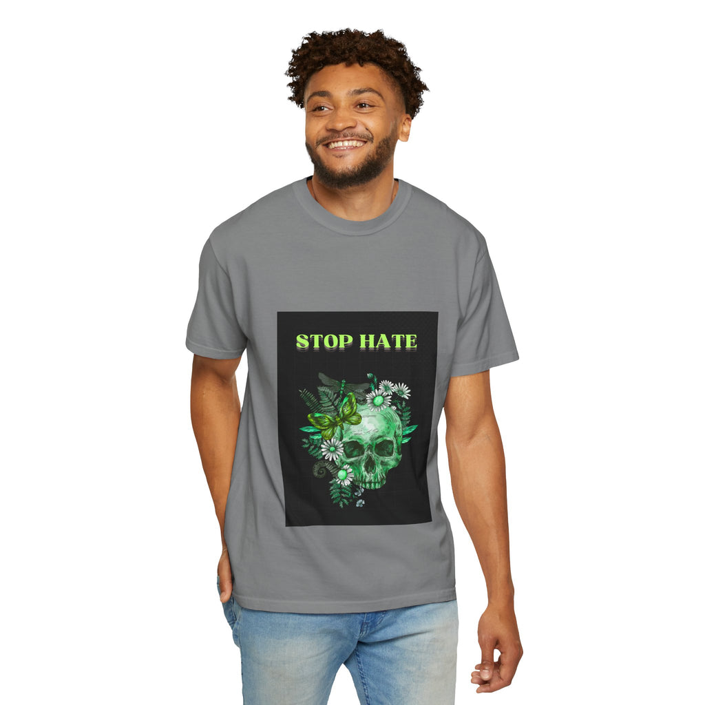 Stop Hate Skull T-Shirt — Green Floral Skull Graphic Tee