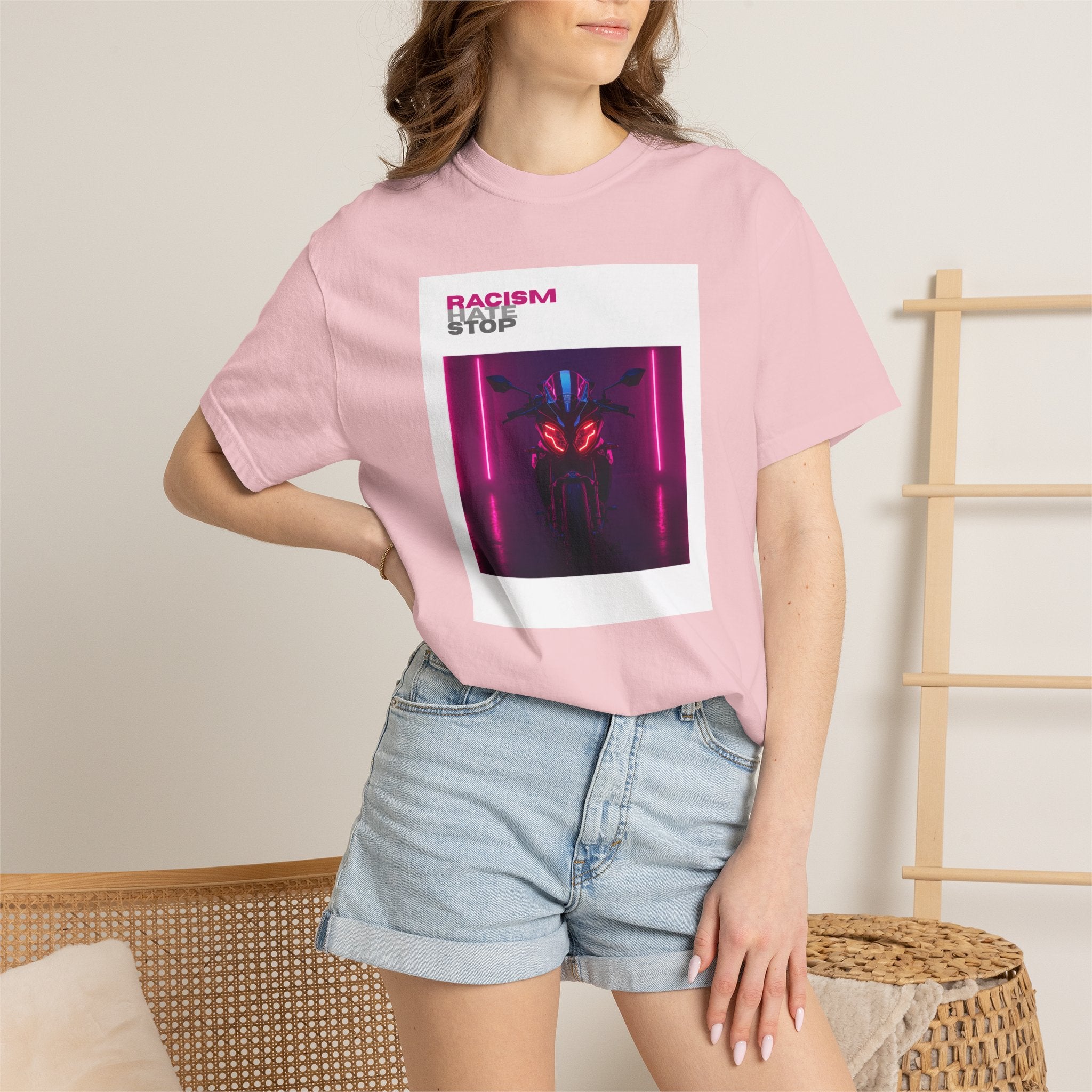 Anti-Racism Graphic T-Shirt — “Racism Stop” Neon Robot Design