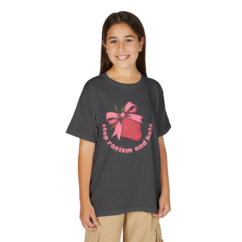 Youth T-Shirt — Cute Pink Gift Box Graphic with "Stop, Realism and Races" Slogan