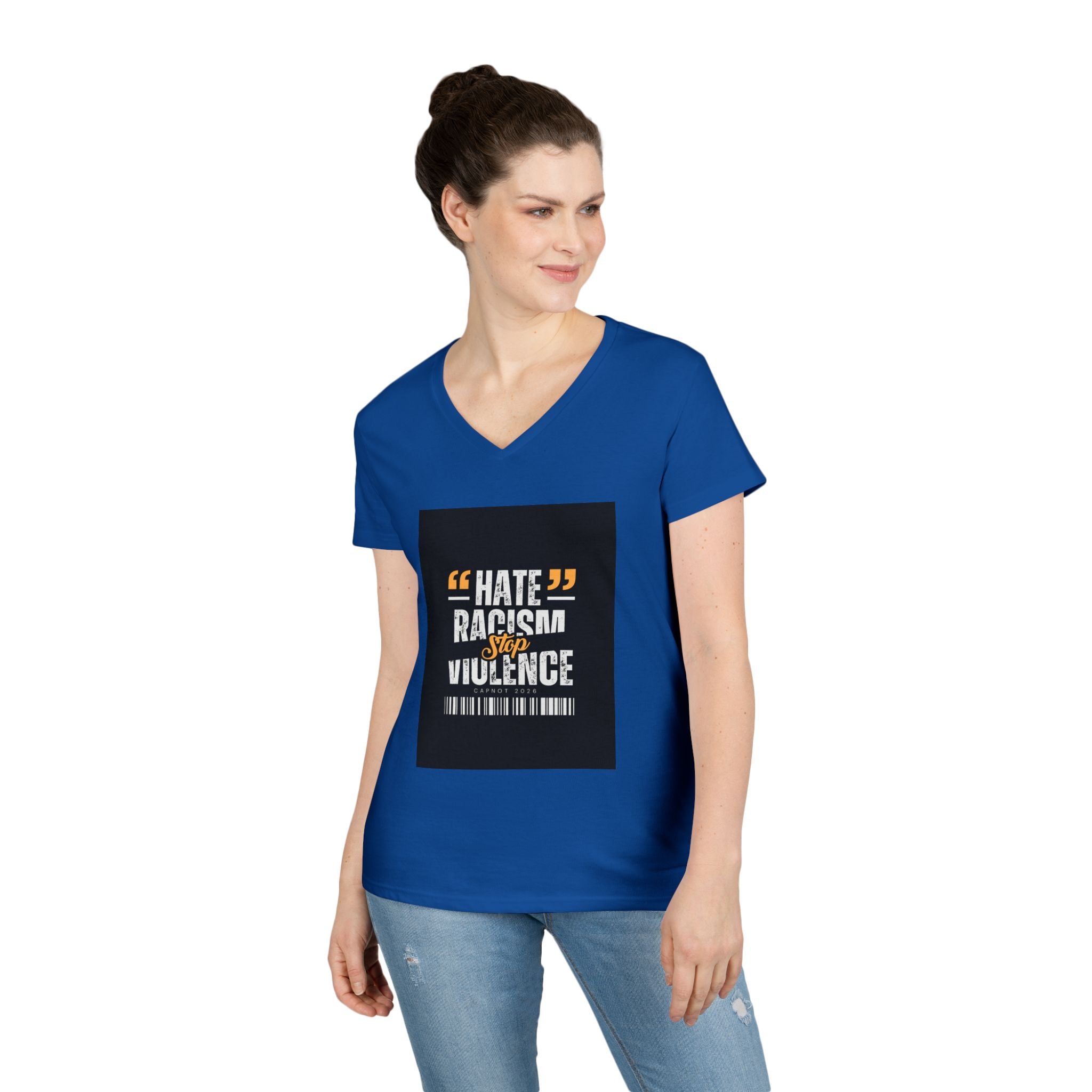 Ladies' V-Neck T-Shirt — "Hate Racism, Stop Violence" Statement Tee
