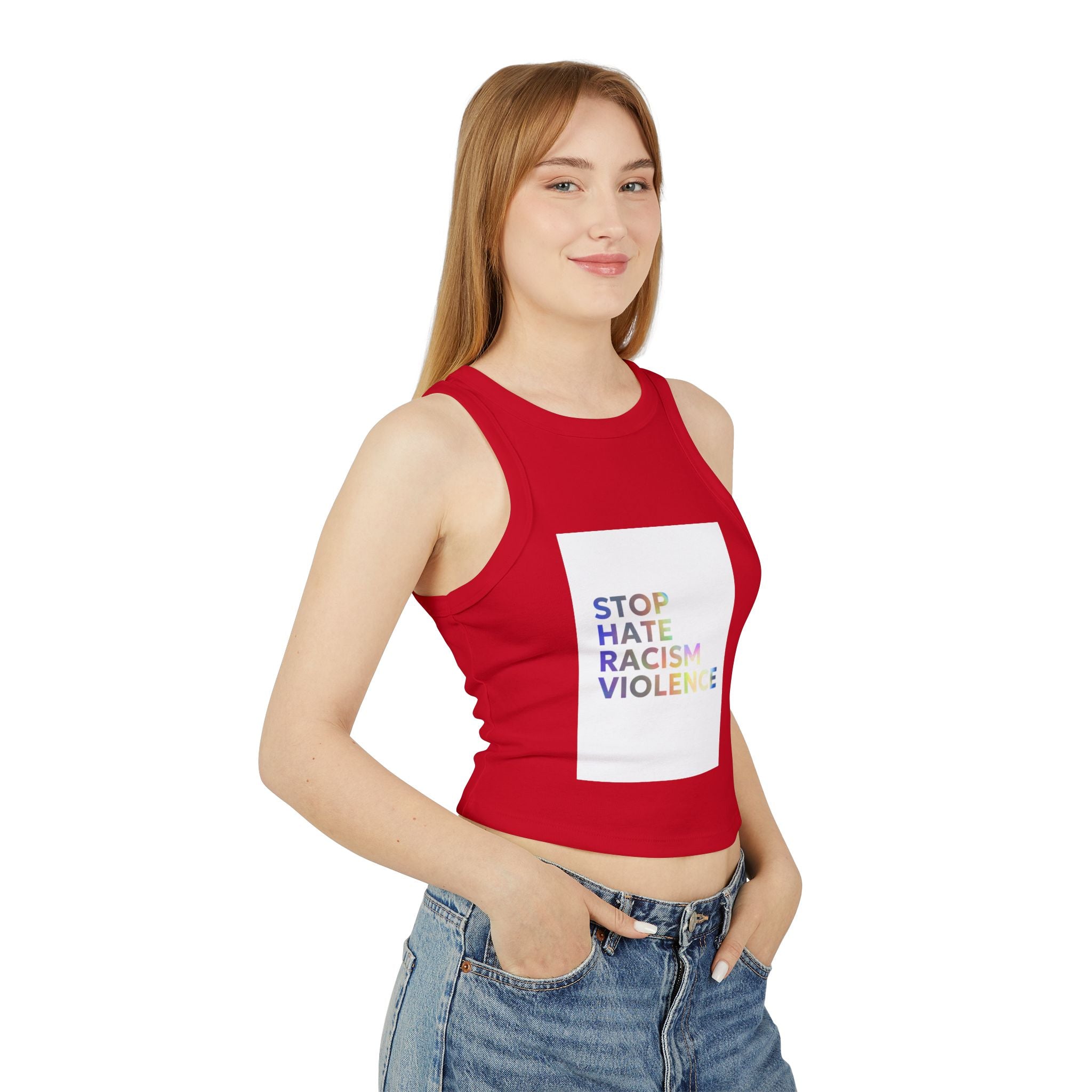 Racer Tank — "STOP HATE RACISM VIOLENCE" Rainbow Social Justice Crop