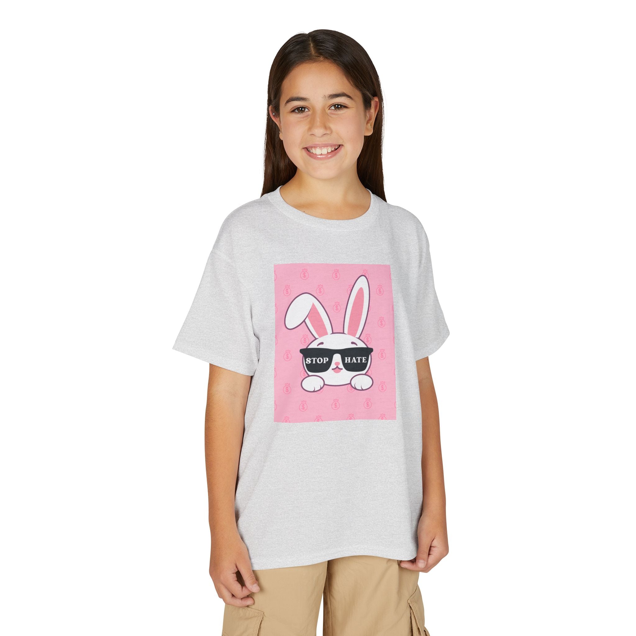 Youth T-Shirt — Pink Bunny Wearing "Stop Hate" Sunglasses Kids Tee