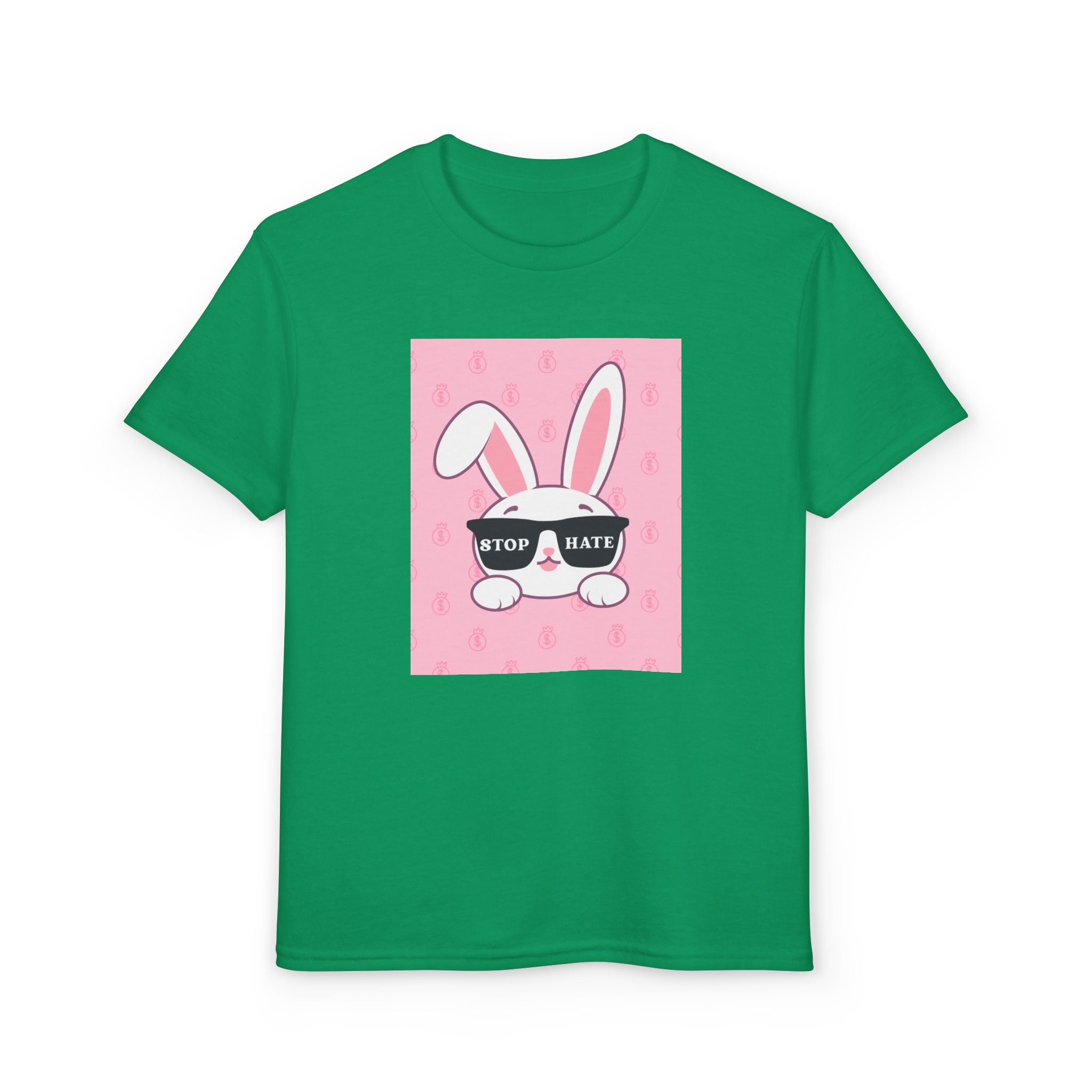 Youth T-Shirt — Pink Bunny Wearing "Stop Hate" Sunglasses Kids Tee