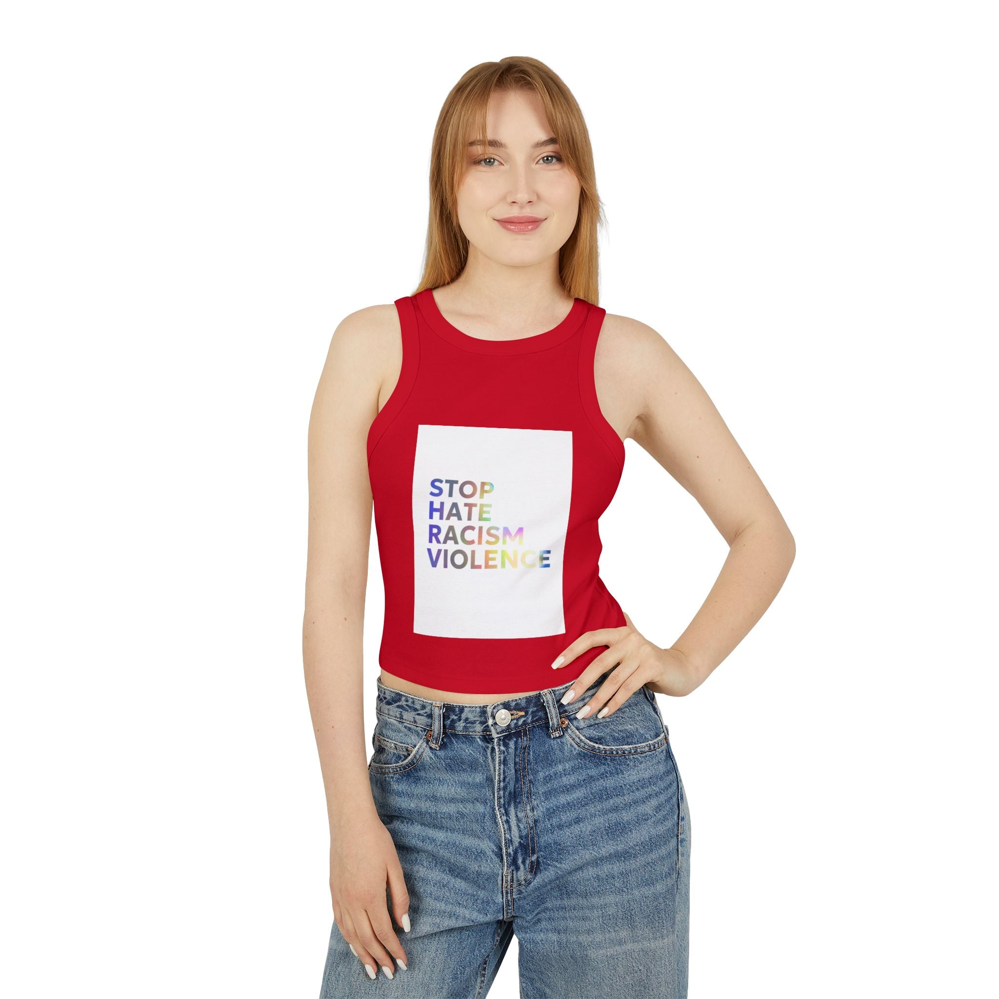 Racer Tank — "STOP HATE RACISM VIOLENCE" Rainbow Social Justice Crop