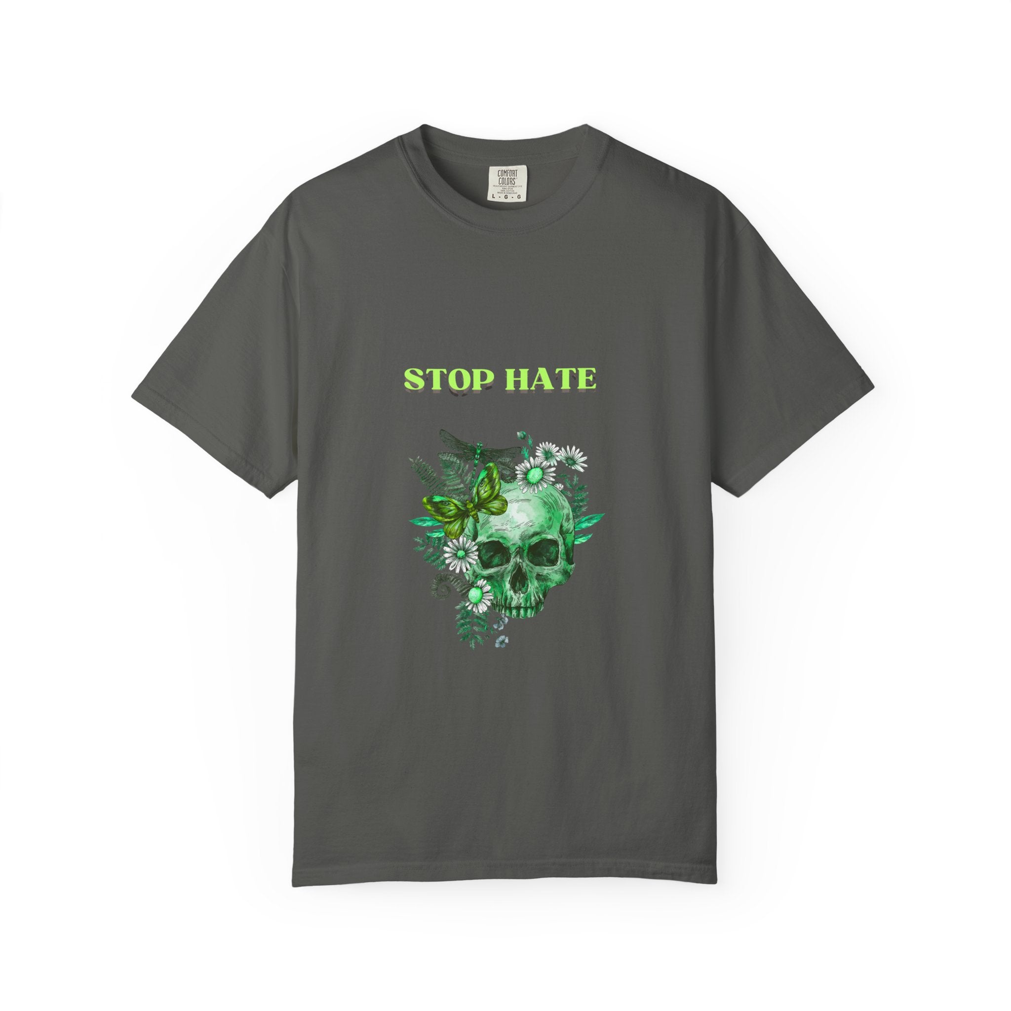 Stop Hate Skull T-Shirt — Green Floral Skull Graphic Tee