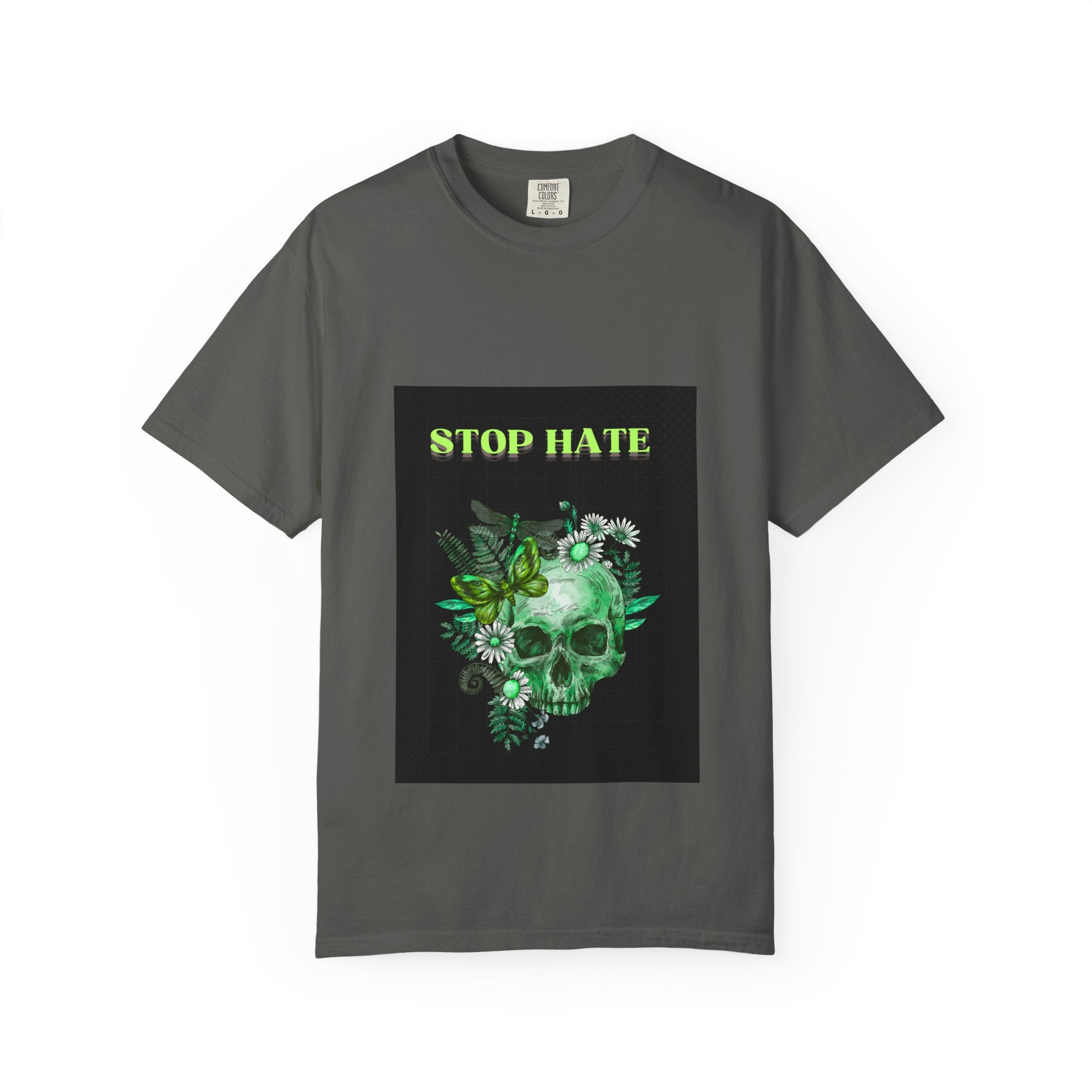 Stop Hate Skull T-Shirt — Green Floral Skull Graphic Tee