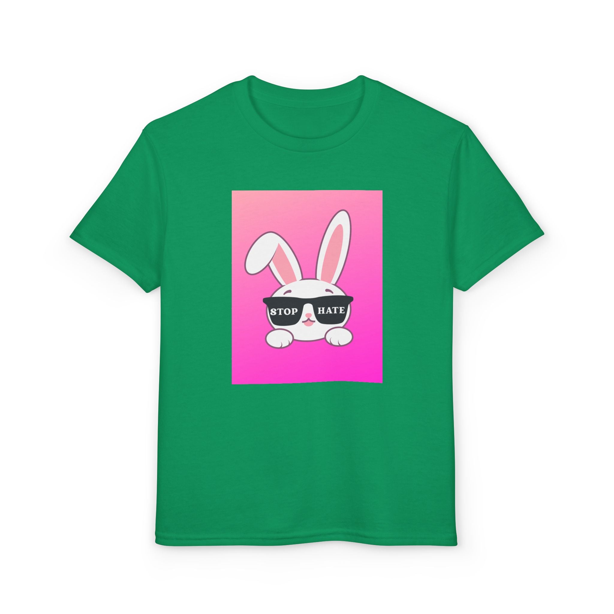 Youth T-Shirt — Pink Bunny "Stop Hate" Graphic