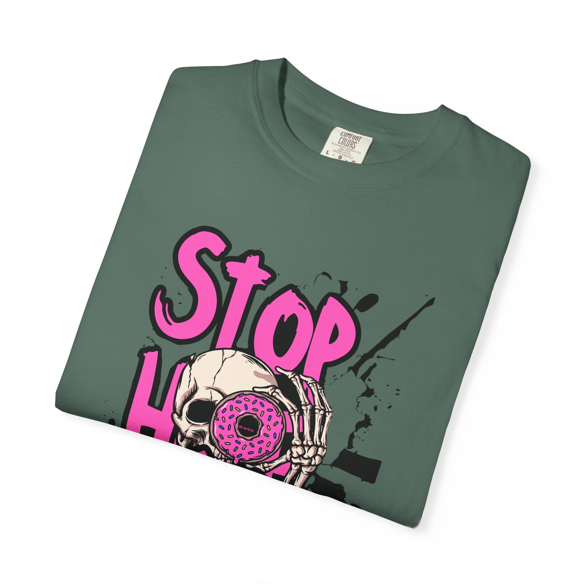 Stop H8 and Racism Graphic Tee — Anti-Racism Skull Donut Protest T-Shirt