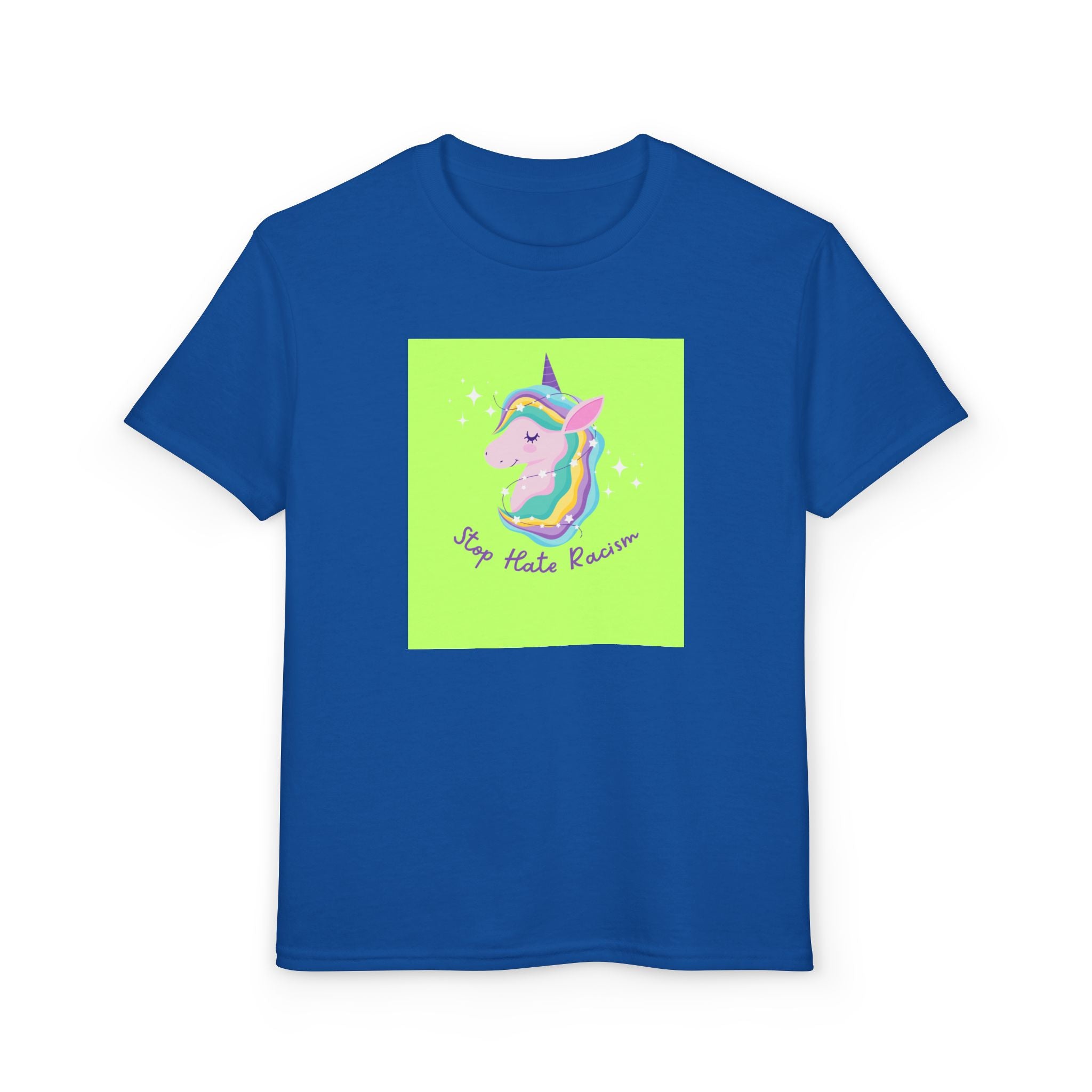 Youth T-Shirt — Rainbow Unicorn “Stop Hate Racism” Graphic