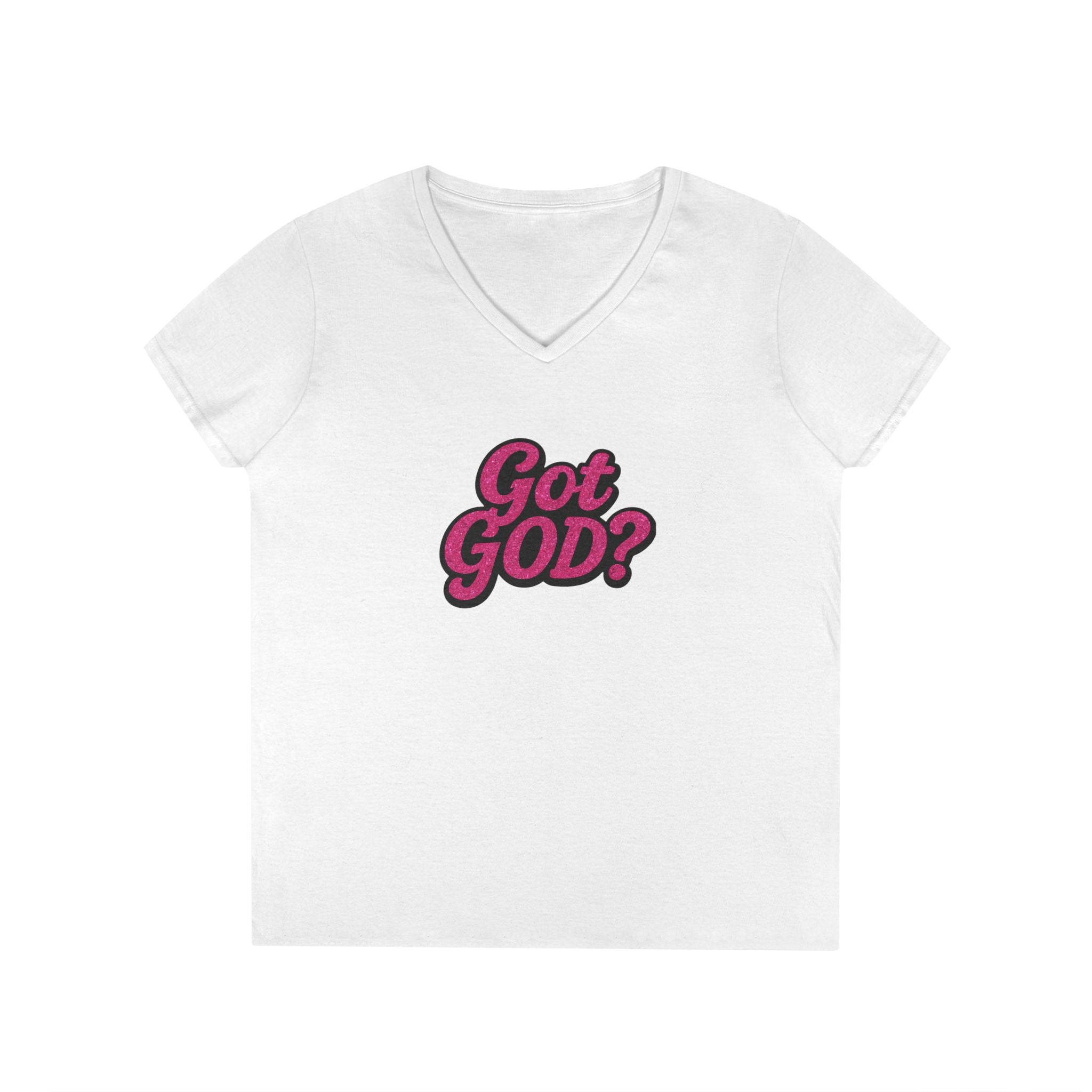 Got GOD? Ladies' V-Neck T-Shirt — Retro Pink Faith Graphic