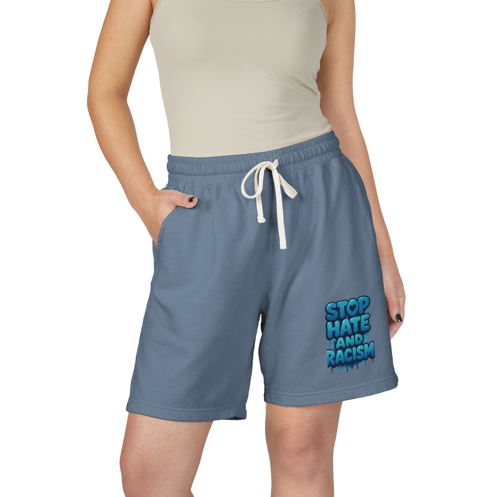 Stop Hate and Racism Fleece Sweat Shorts — Garment-Dyed Lightweight Lounge Shorts