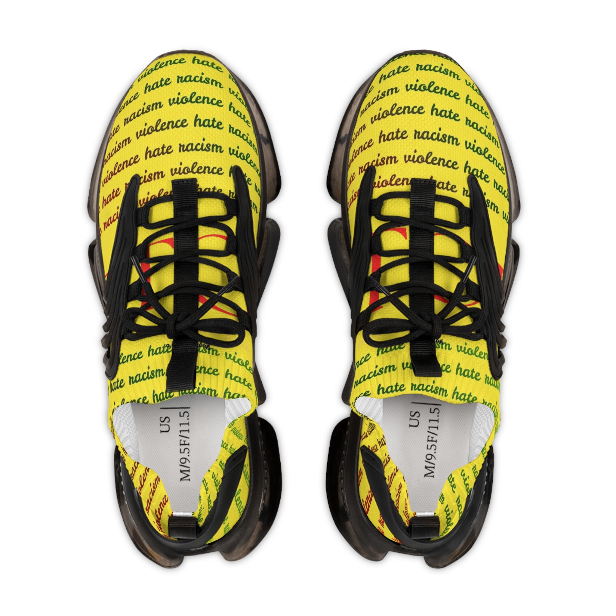 Mesh Sneakers — Yellow 'No Hate, No Violence' Graphic Athletic Shoes