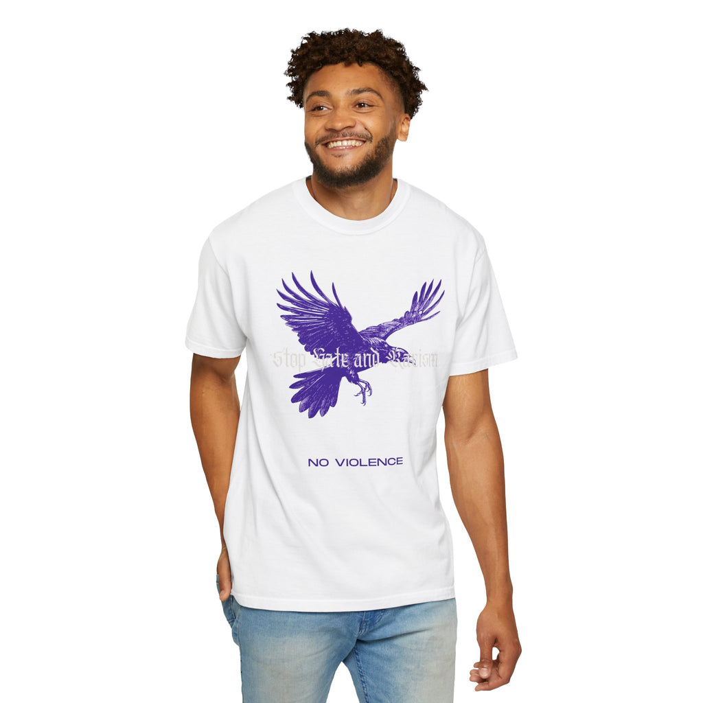 No Violence Raven T-Shirt — Purple Flying Crow Graphic Tee
