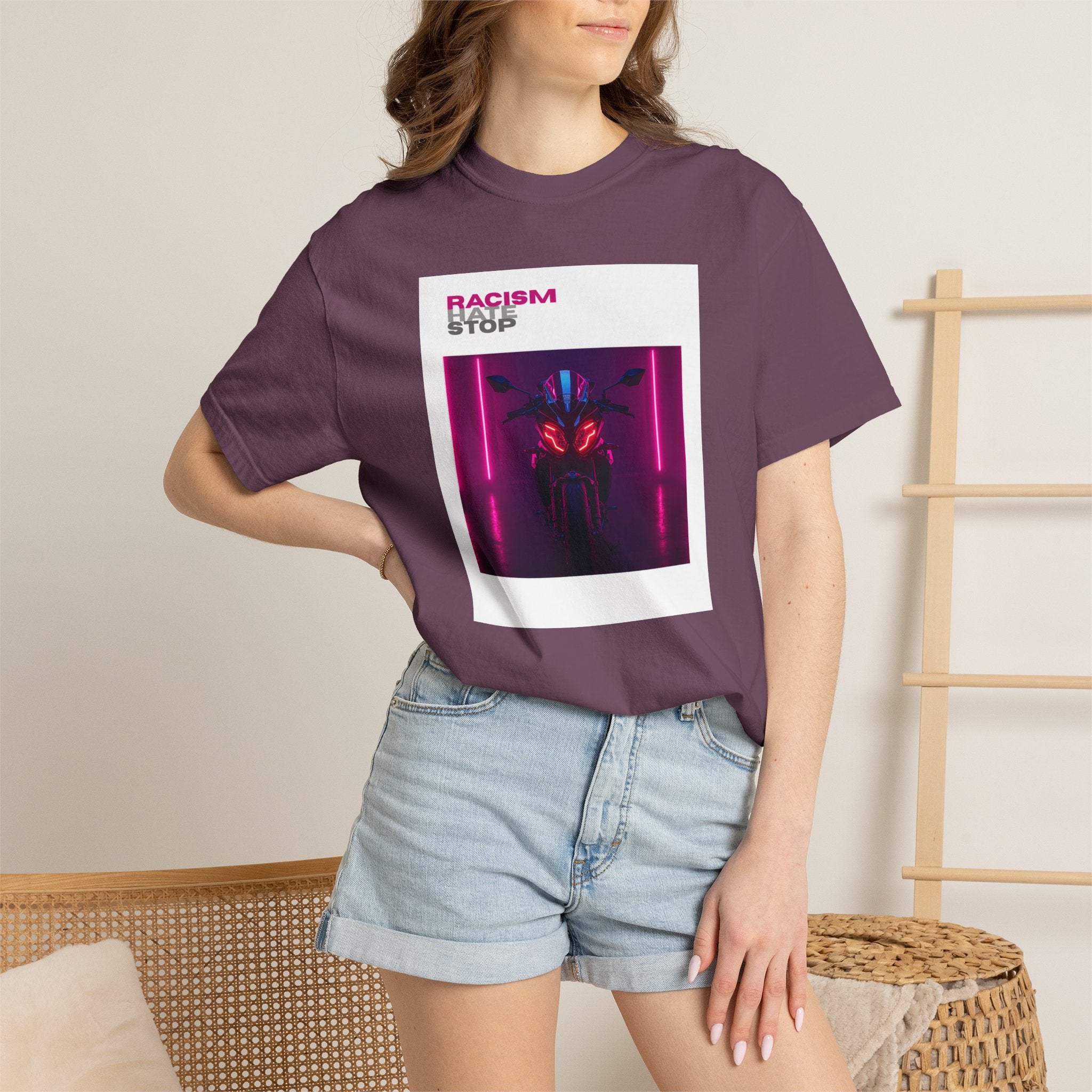 Anti-Racism Graphic T-Shirt — “Racism Stop” Neon Robot Design