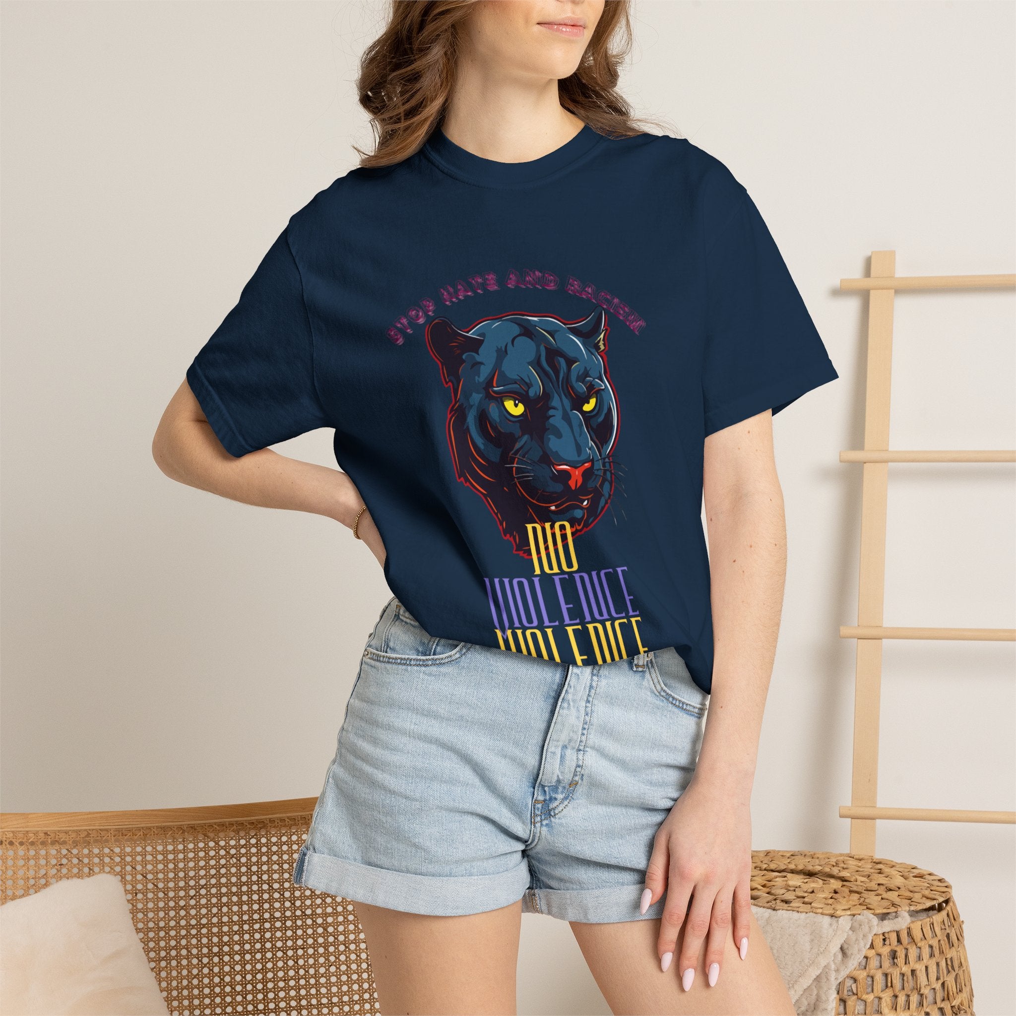 No Violence Panther T-Shirt — Graphic Animal Tee with 'No Violence' Text