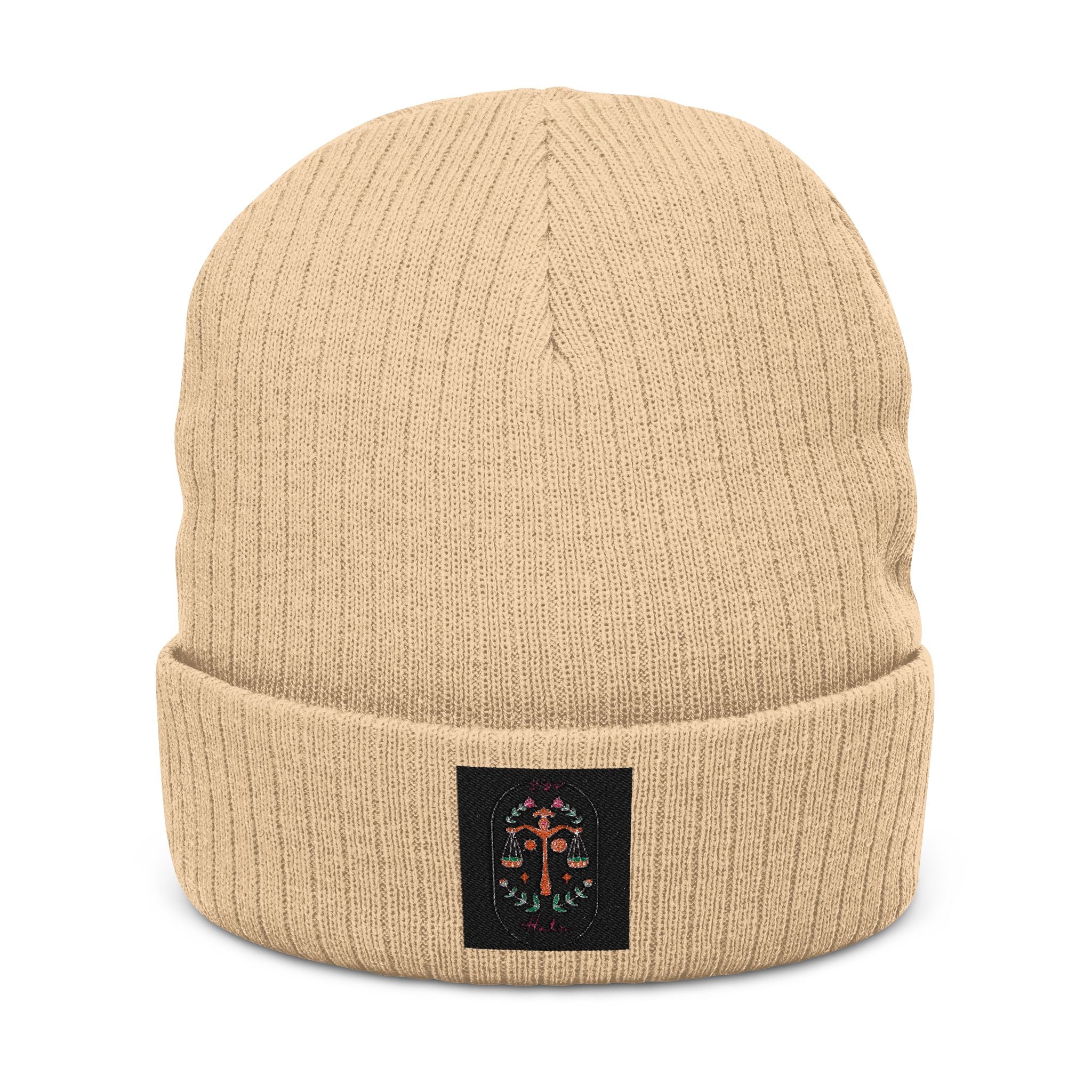 Embroidered Floral Cross Ribbed Knit Beanie - Cozy Gothic Winter Hat