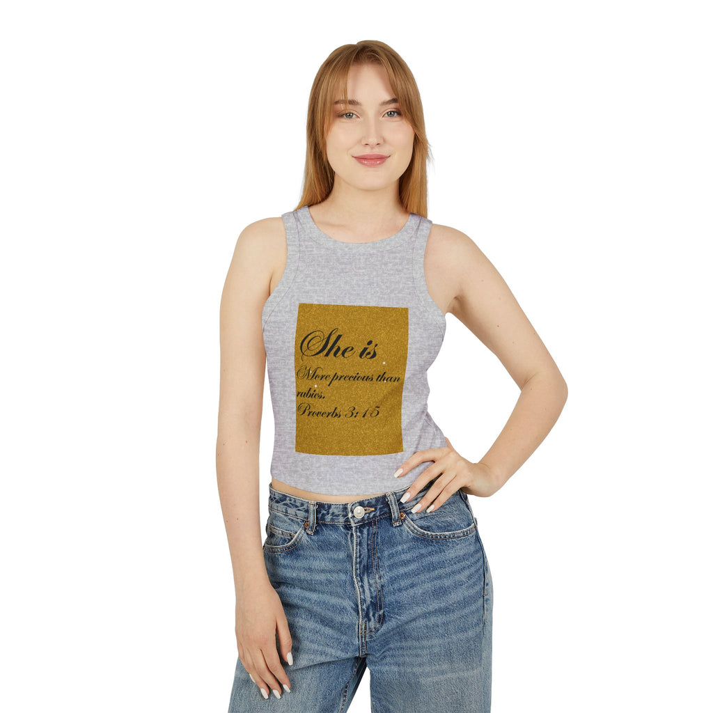 Women's Racer Tank Top — "She is More Precious than Rubies" Proverbs 3:15 Scripture Tank