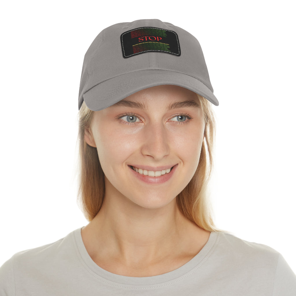 Leather Patch Dad Hat — 'STOP' Embossed Casual Baseball Cap