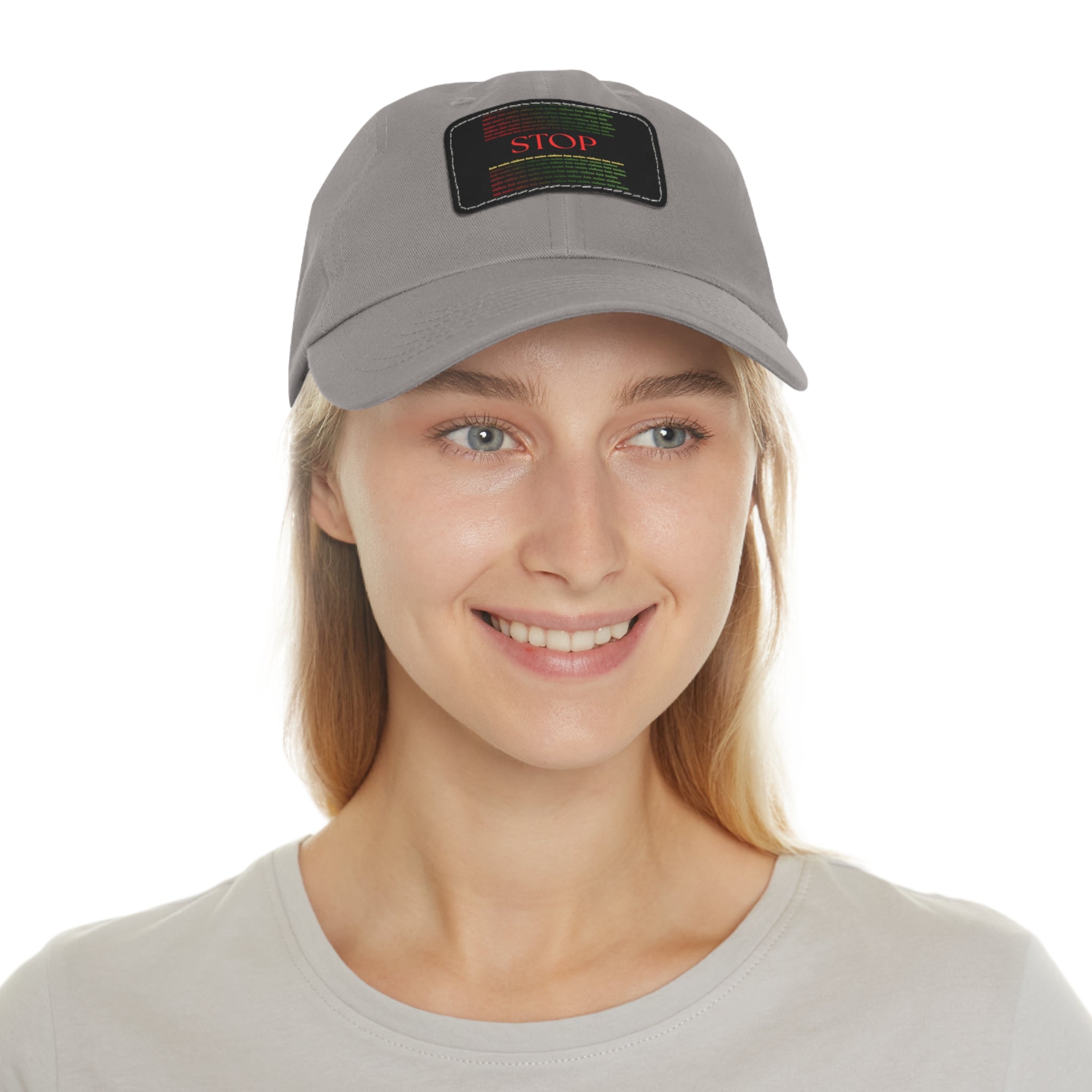 Leather Patch Dad Hat — 'STOP' Embossed Casual Baseball Cap
