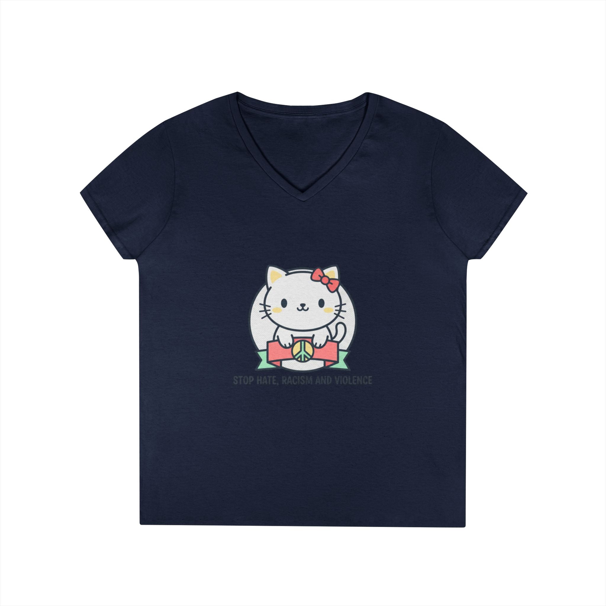 Stop Hate Kitty V-Neck Tee — Cute Anti-Racism Message Shirt