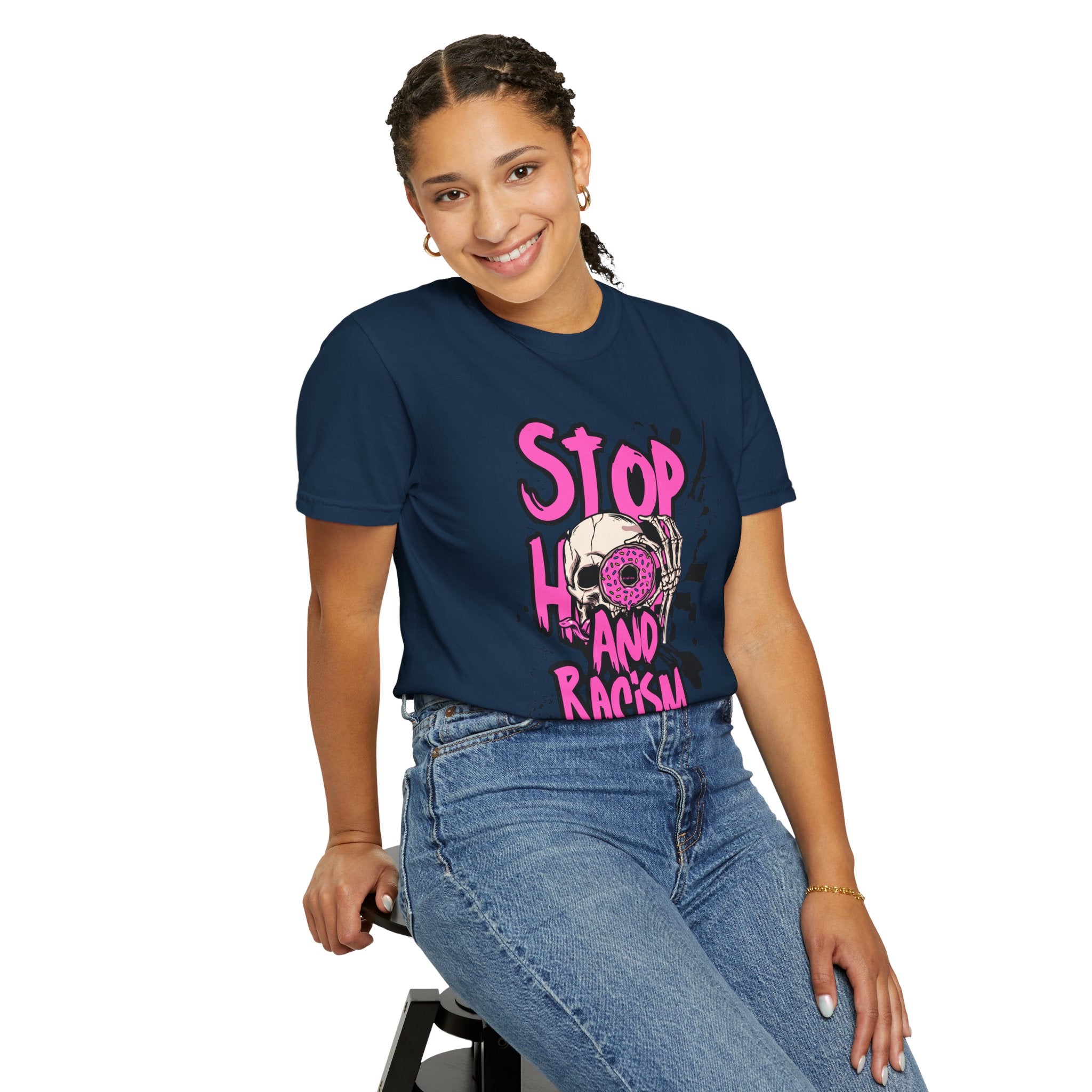 Stop H8 and Racism Graphic Tee — Anti-Racism Skull Donut Protest T-Shirt
