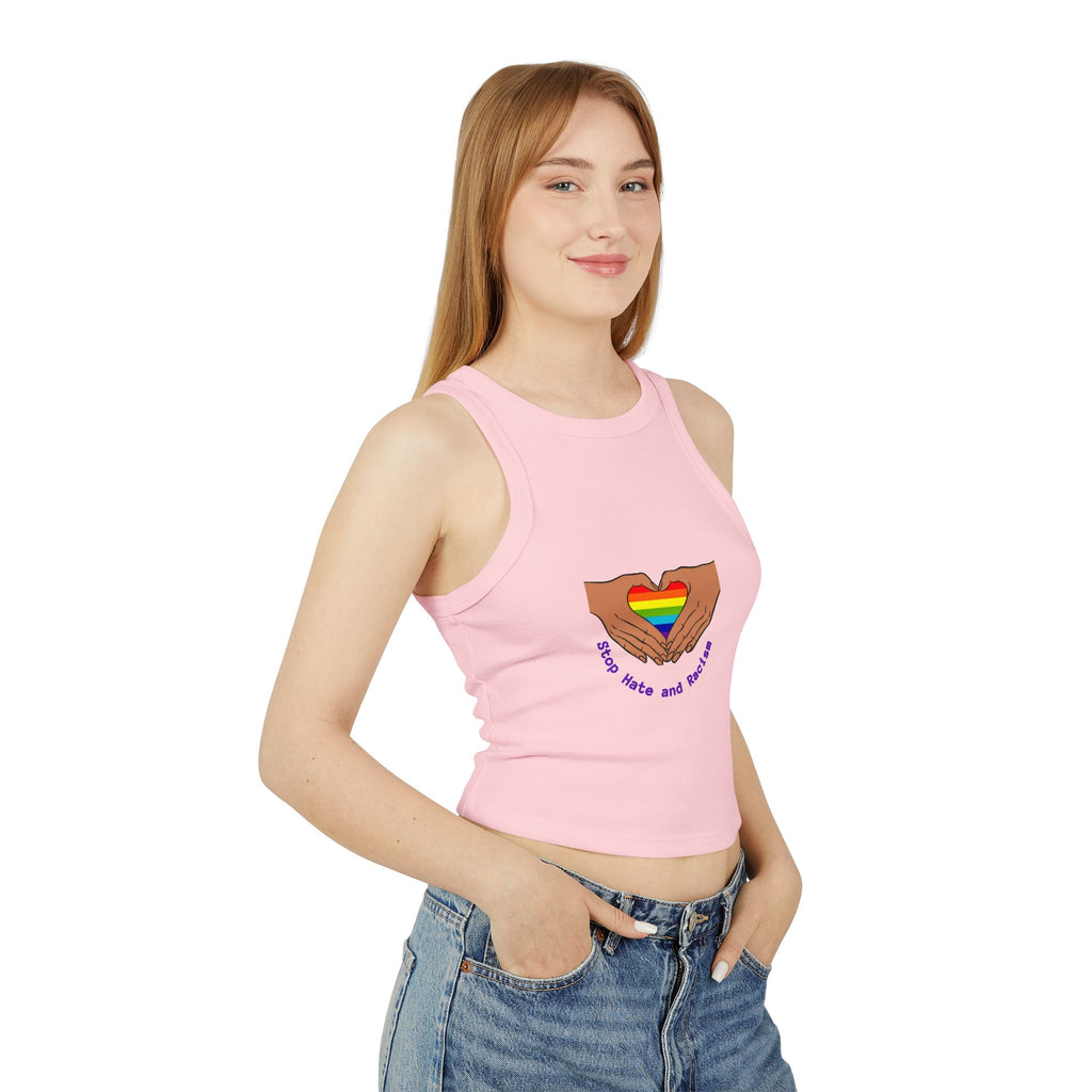 Racer Tank - Rainbow Heart Hands “Love Wins and Hugs” Pride Crop Top