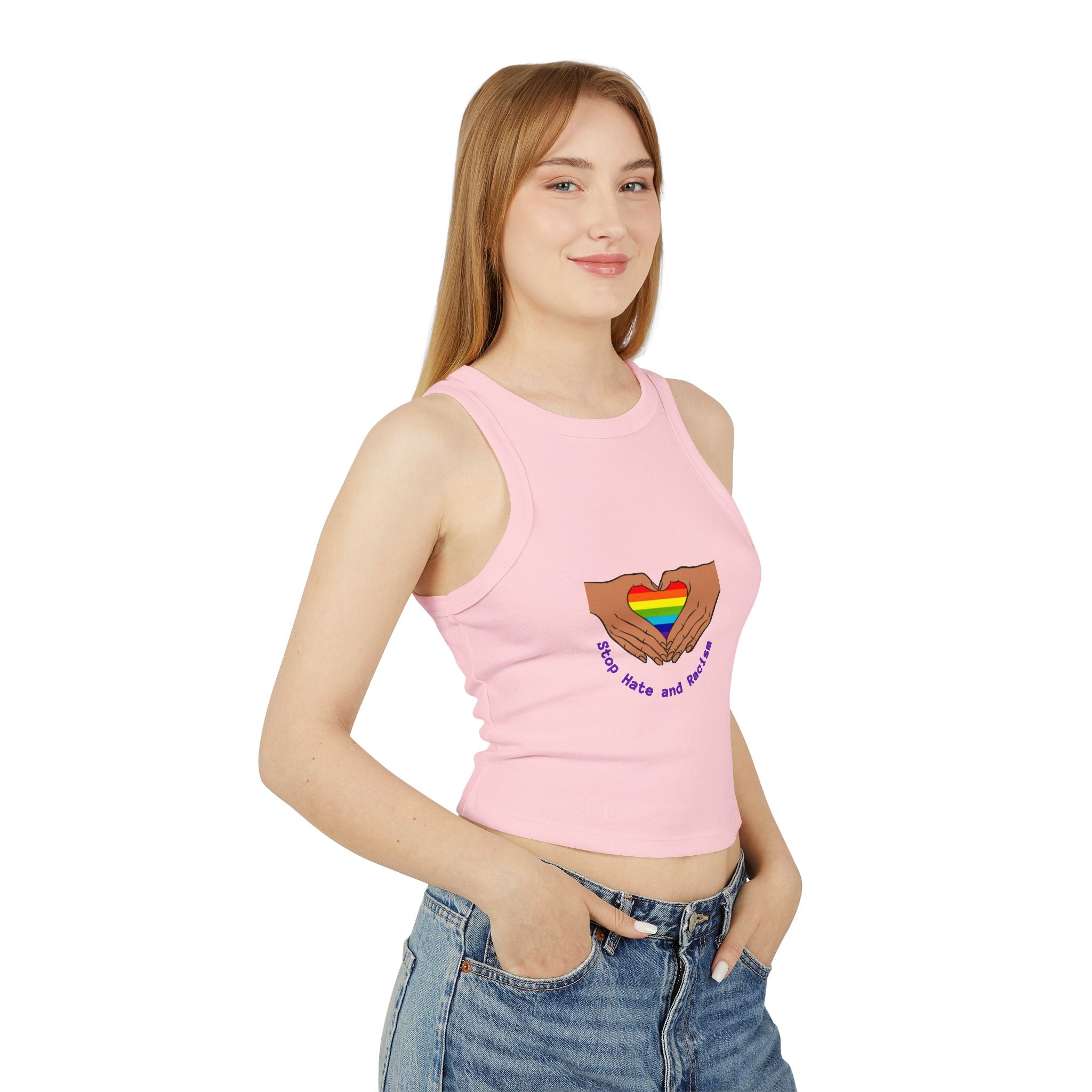Racer Tank - Rainbow Heart Hands “Love Wins and Hugs” Pride Crop Top