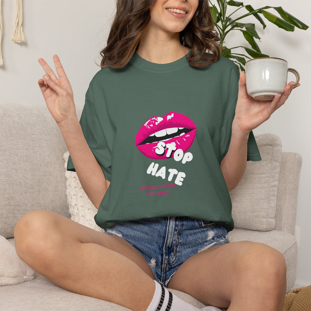 T-Shirt — Pink Lip 'Stop' Graphic Tee (No Racism or Violence)