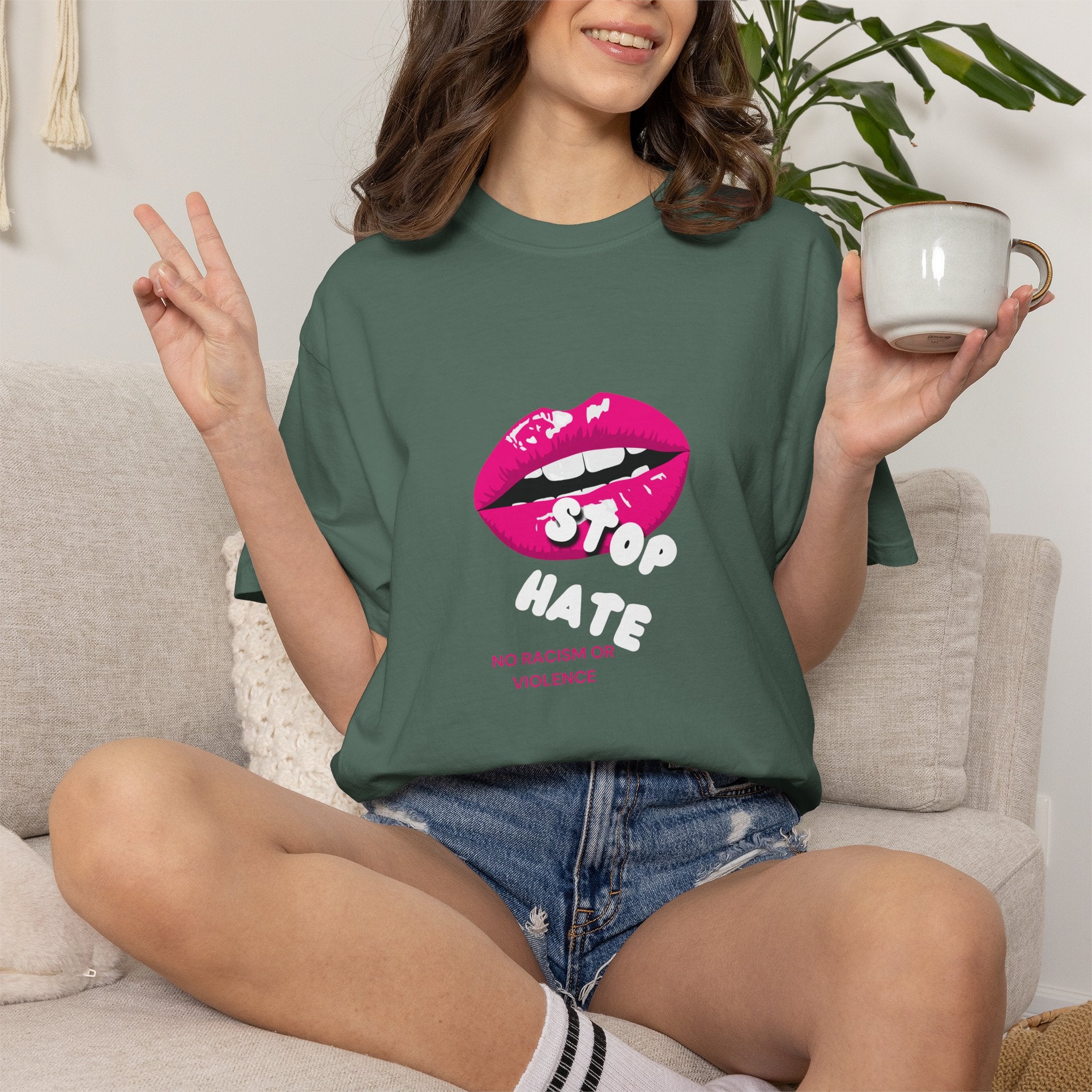 T-Shirt — Pink Lip 'Stop' Graphic Tee (No Racism or Violence)