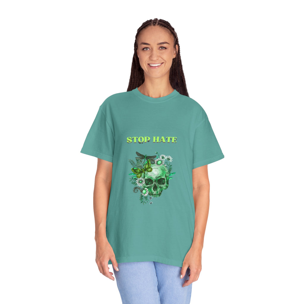 Stop Hate Skull T-Shirt — Green Floral Skull Graphic Tee