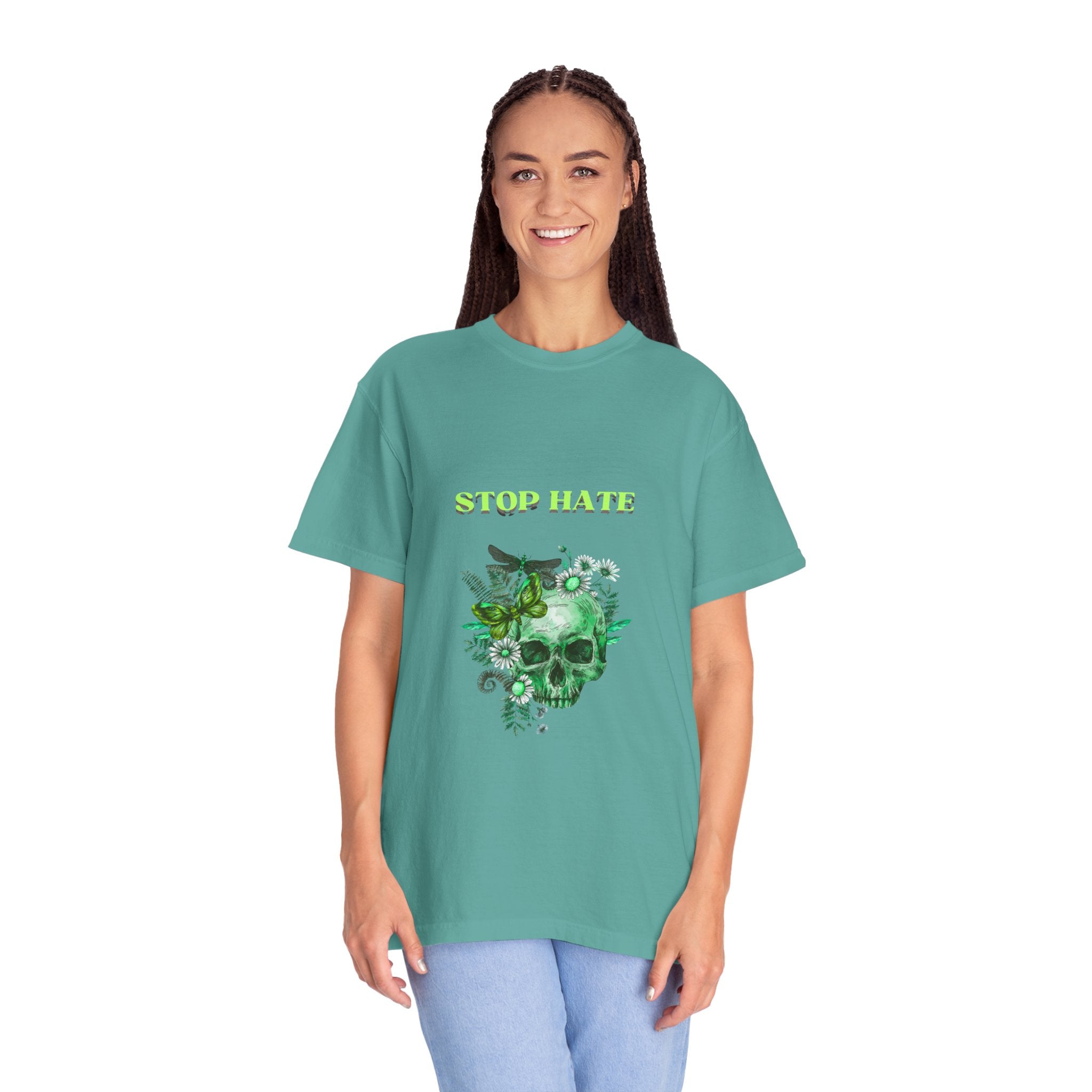 Stop Hate Skull T-Shirt — Green Floral Skull Graphic Tee