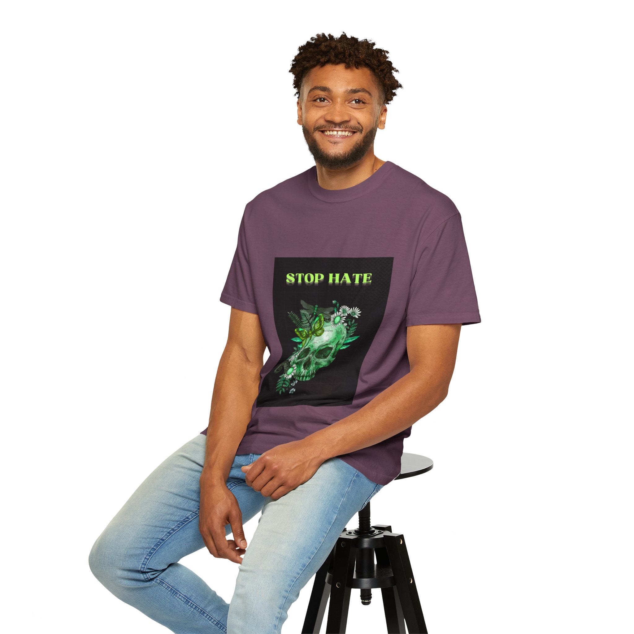 Stop Hate Skull T-Shirt — Green Floral Skull Graphic Tee