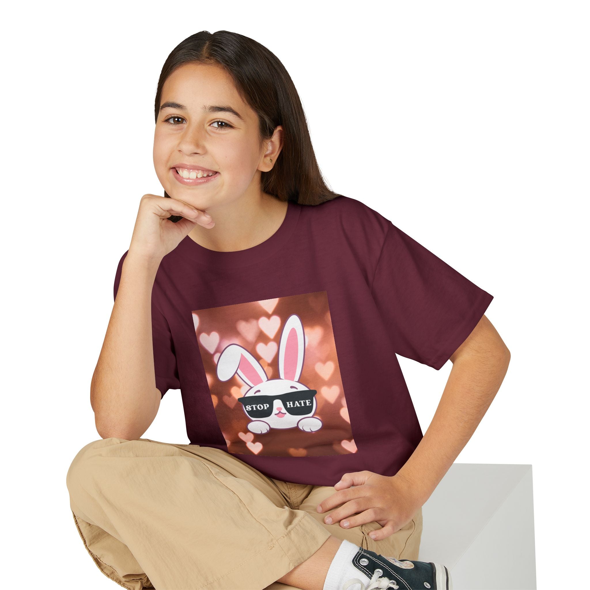 Youth T-Shirt — Cute Bunny with 'Stop the Hate' Sunglasses | Kids Anti-Bullying Tee