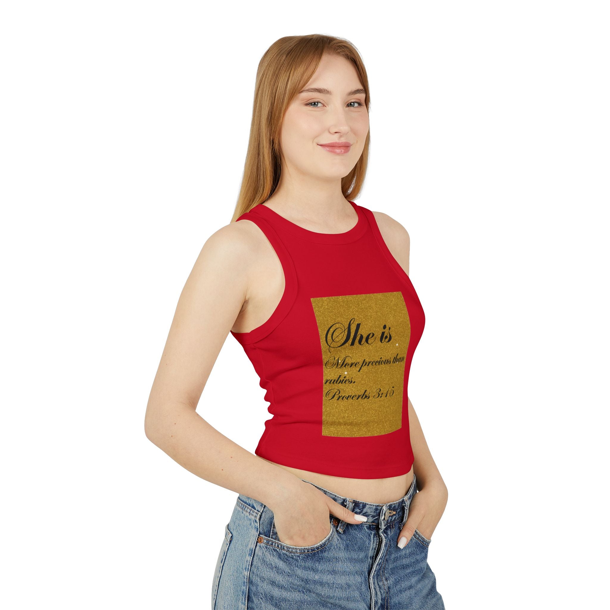 Women's Racer Tank Top — "She is More Precious than Rubies" Proverbs 3:15 Scripture Tank