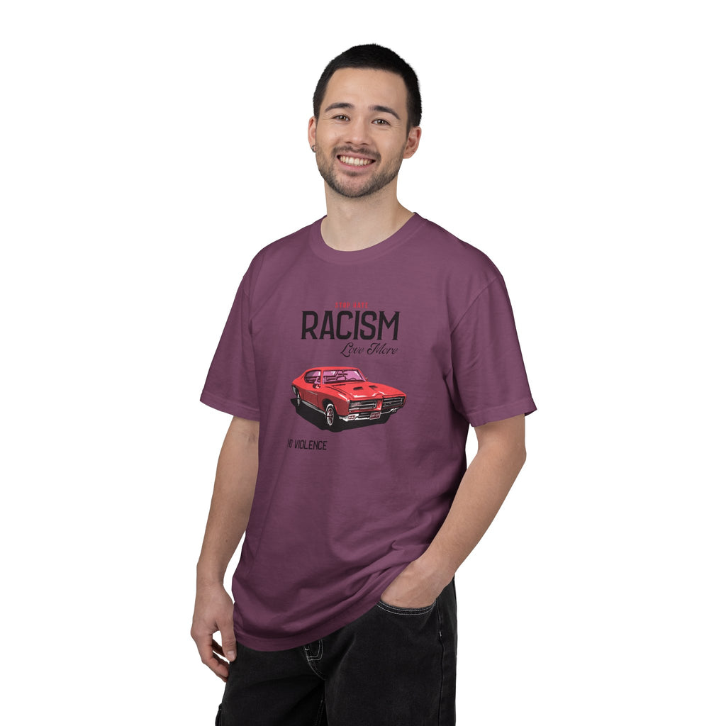 Anti-Racism Graphic T-Shirt — “Stop Hate, Racism, Love More” with Vintage Red Muscle Car