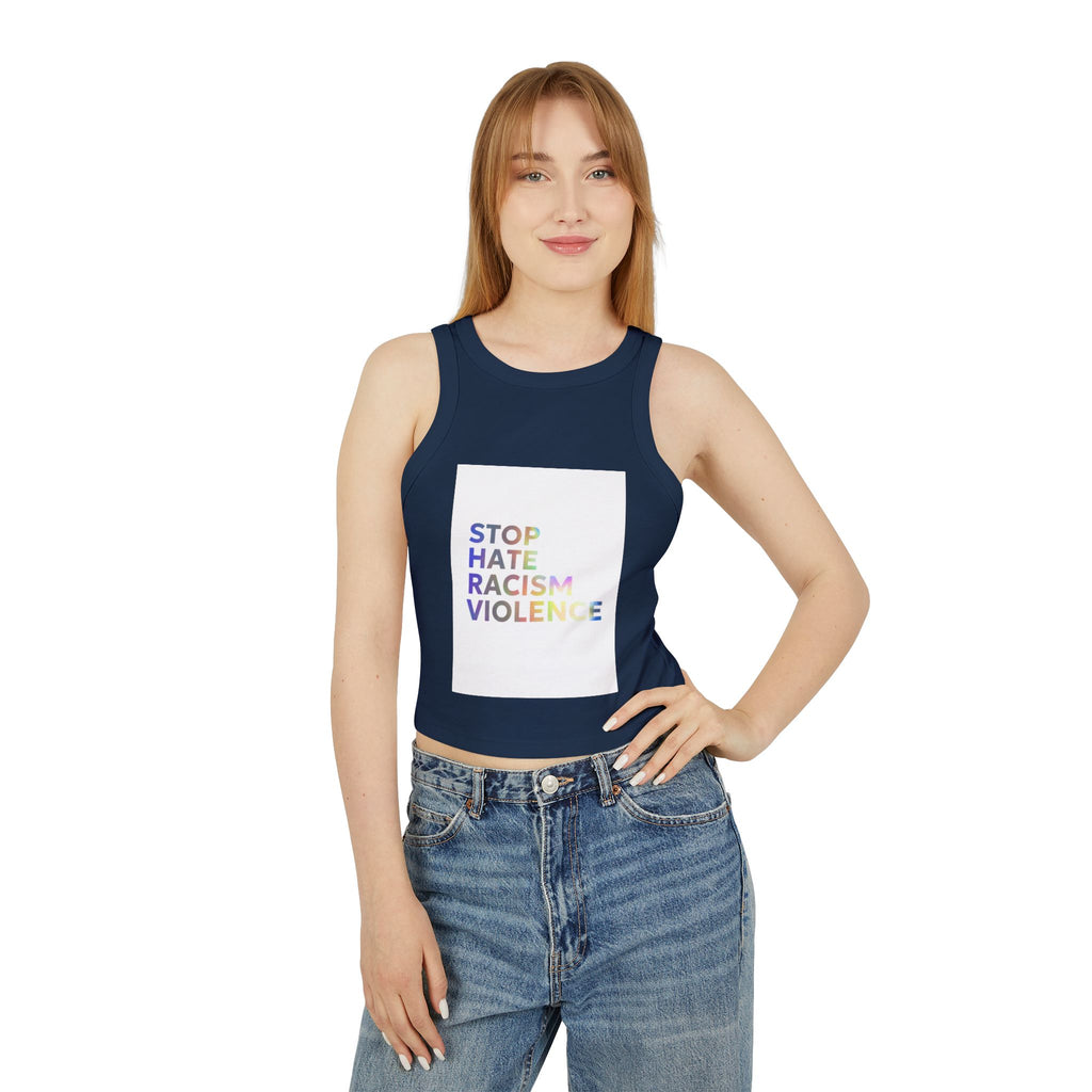 Racer Tank — "STOP HATE RACISM VIOLENCE" Rainbow Social Justice Crop